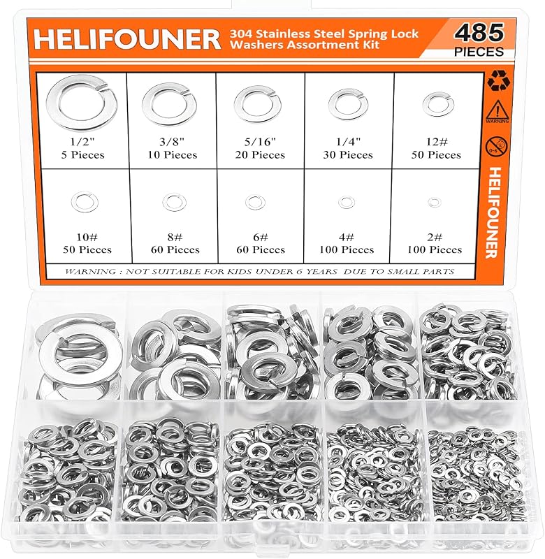 HELIFOUNER 485 Pieces 10 Sizes Stainless Steel Split Lock Washers, Spring Lock Washers Assortment Kit, 1/2 3/8 5/16 1/4 12# 10# 8# 6# 4# 2#