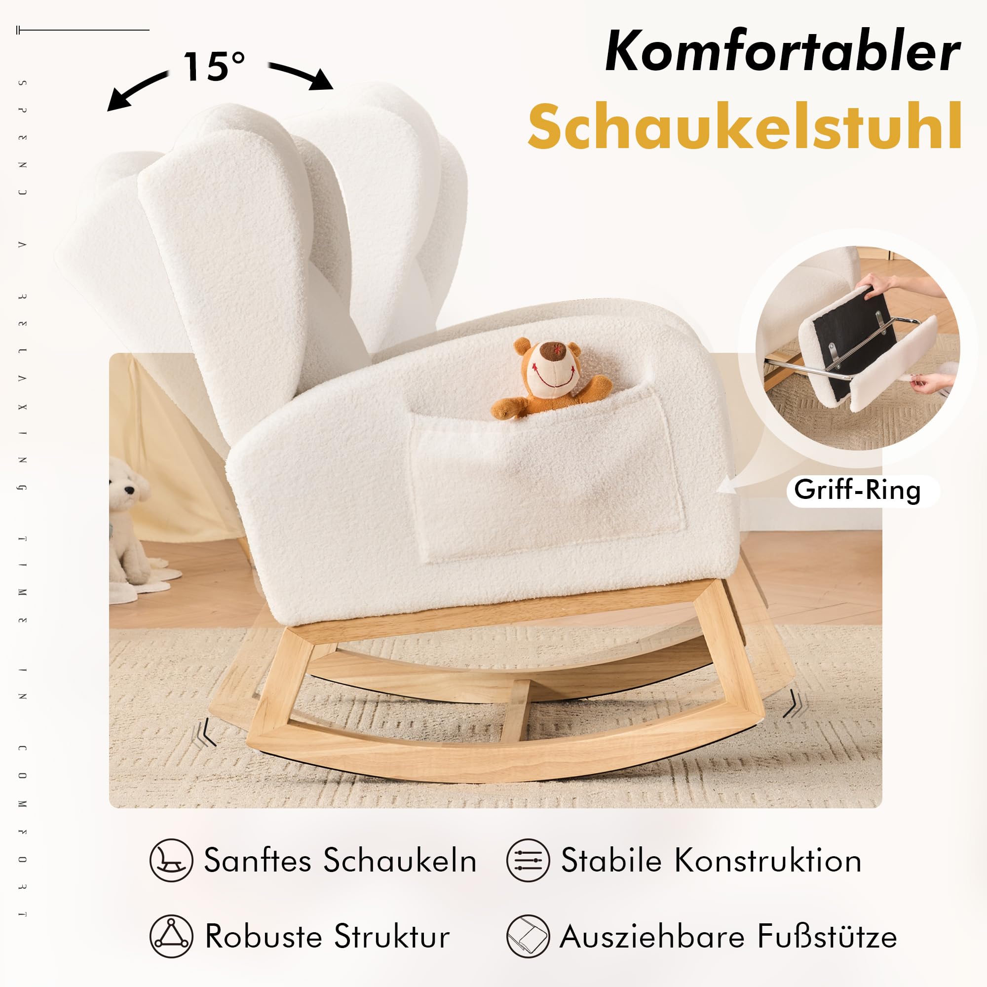 DEKKETO Schaukelstuhl mit Fußstütze, Großem Sitz und Seitentasche, Stillsessel Stillstuhl mit Ausziehbarer Beinauflage, Hoher Rückenlehne Rocking Chair für Wohnzimmer Innen, Teddy-Stoff, Weiß