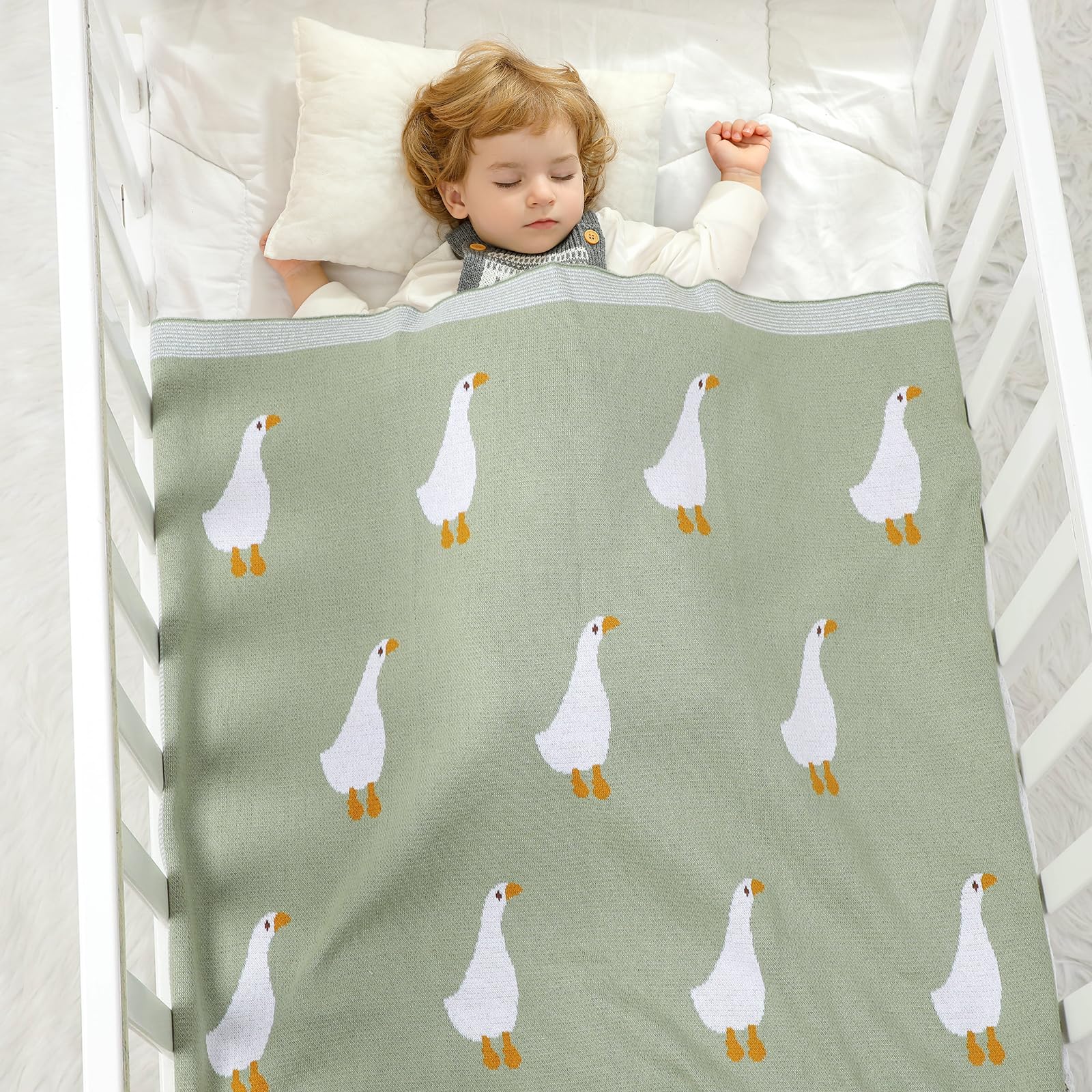 DovFanny Baby Blanket 100% Cotton Knitted Soft Blanket for Newbron with Lovely Zebra 100 x 80cm (green-goose) - Image 2