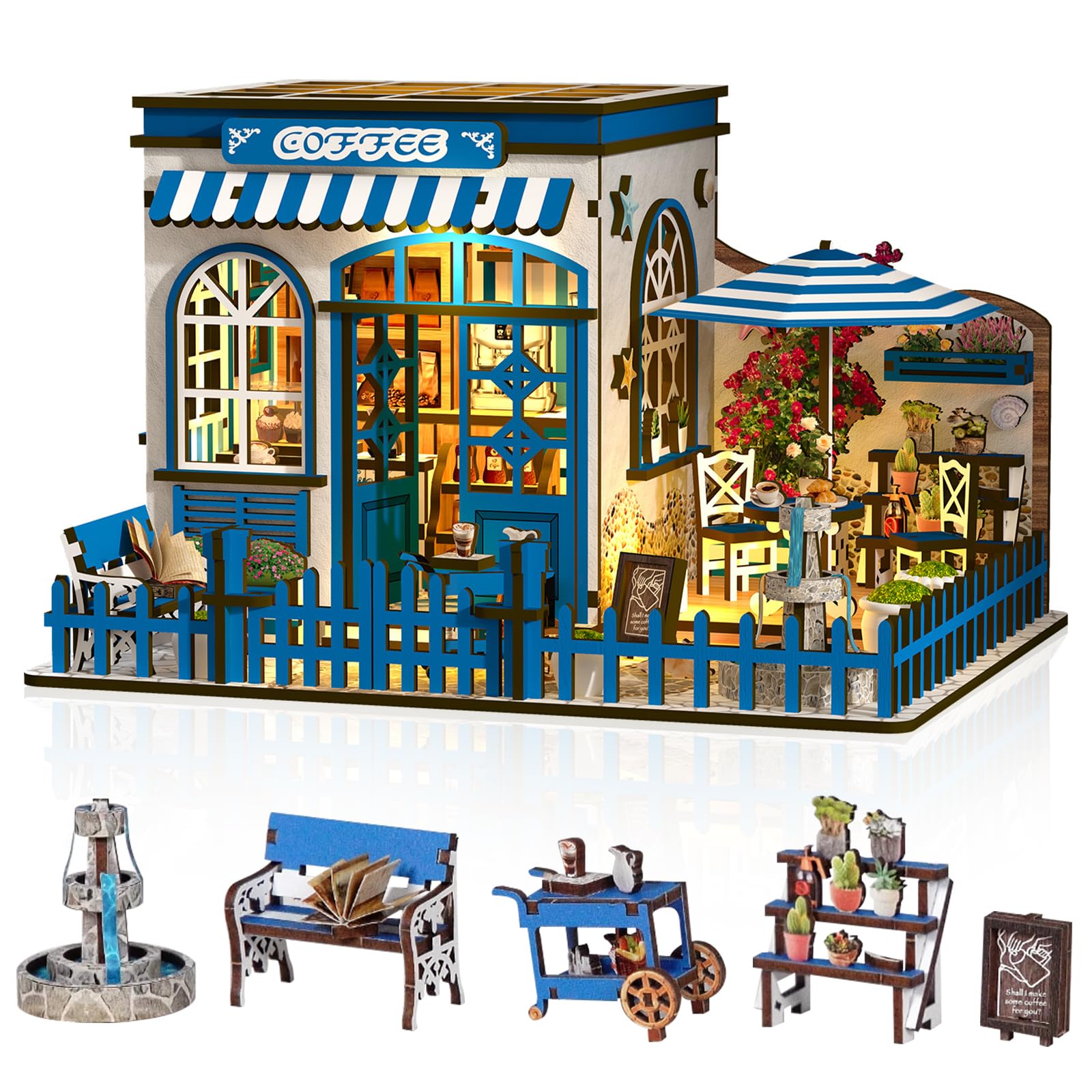 Casa de Muñecas en Miniatura, Café Modelo de Madera Construir para Adultos con Luz LED, DIY Manualidades Cafetería de Maquetas para Montar, Decoración del Hogar Regalo de Cumpleaños Navidad