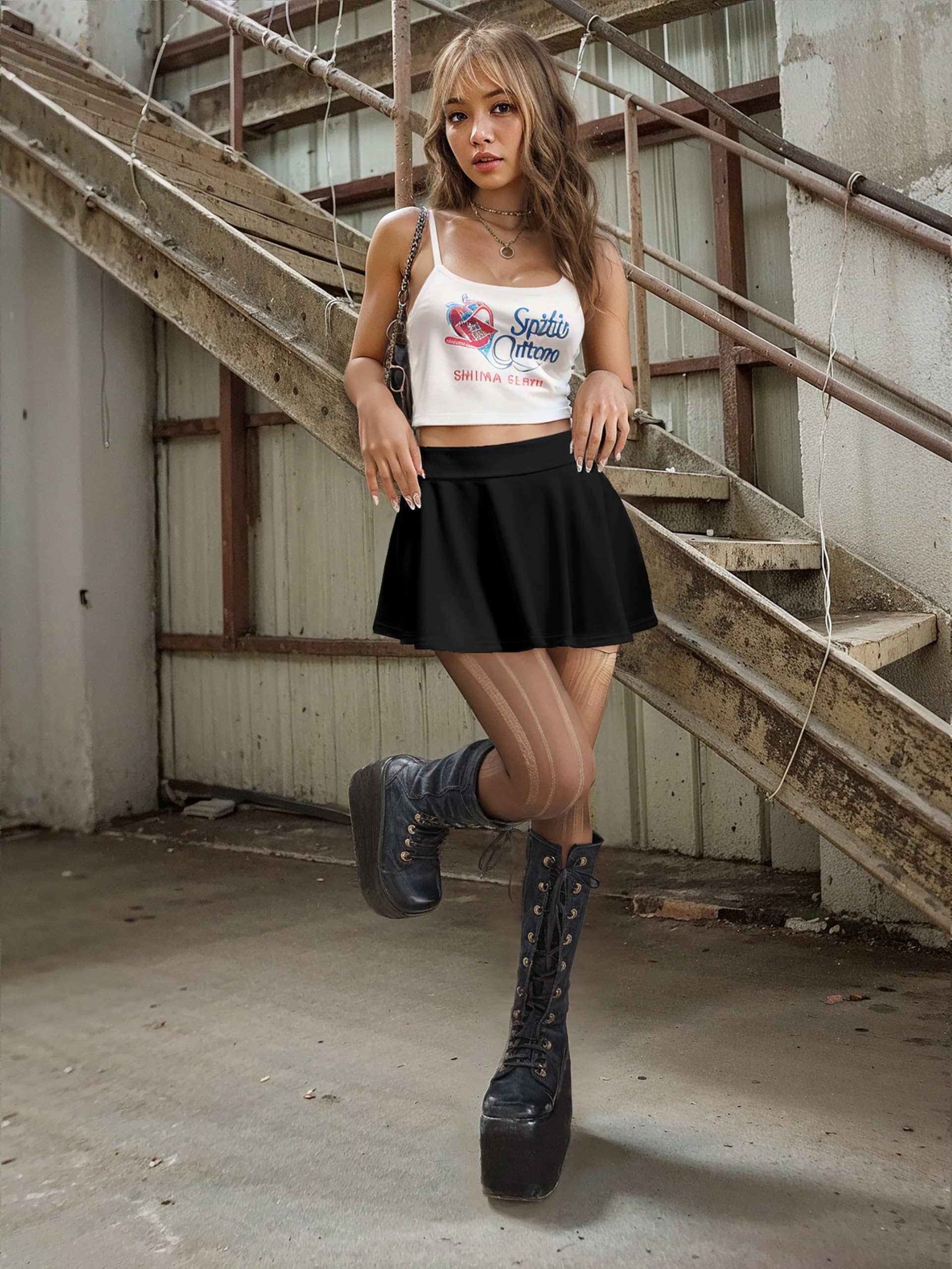 Hybrid & Company Womens Stretch Super Short Flared Casual Nylon Ponte Mini Skate Skirt