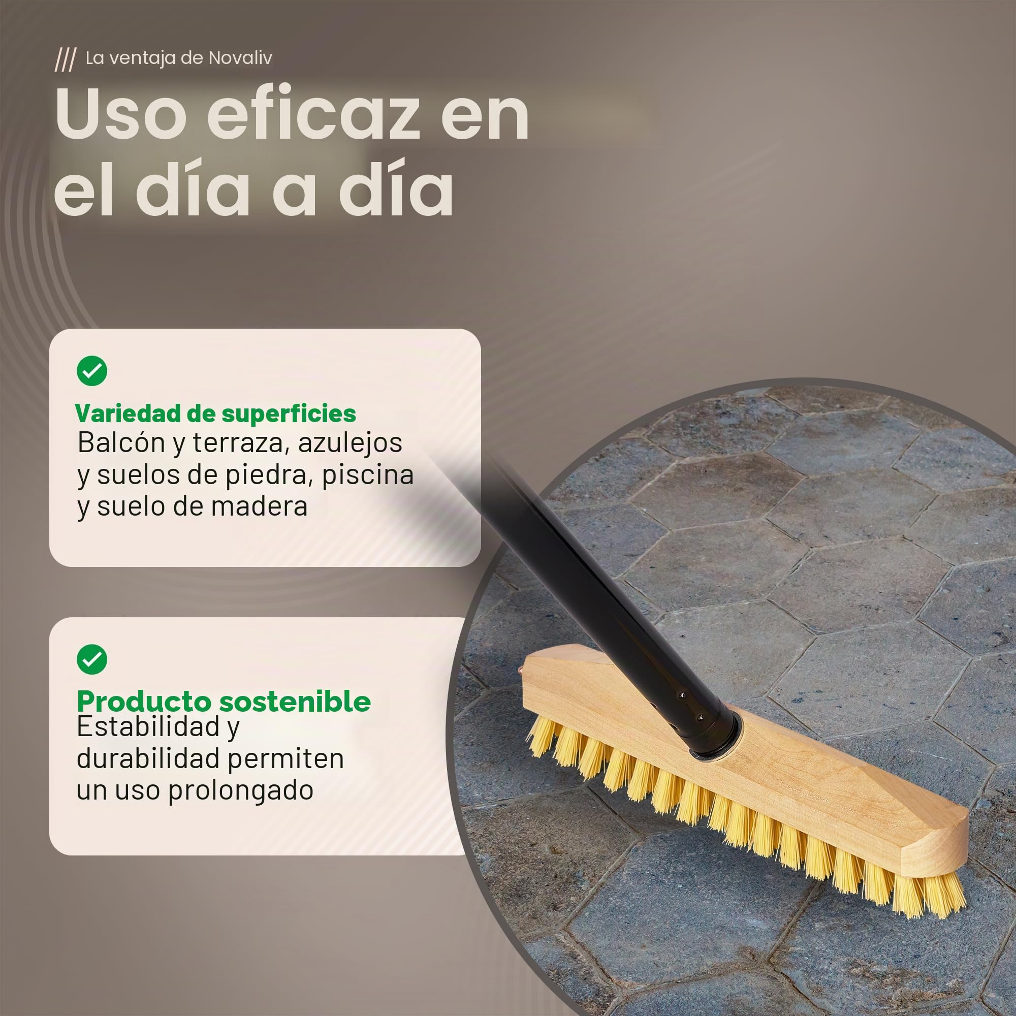Fregona de madera con cerdas, fregona con rosca y mango atornillable enchufable de cuatro piezas, cepillo de fregar PPN, cepillo para suelo, ideal para limpieza de balcón, terraza, jardín, interior y