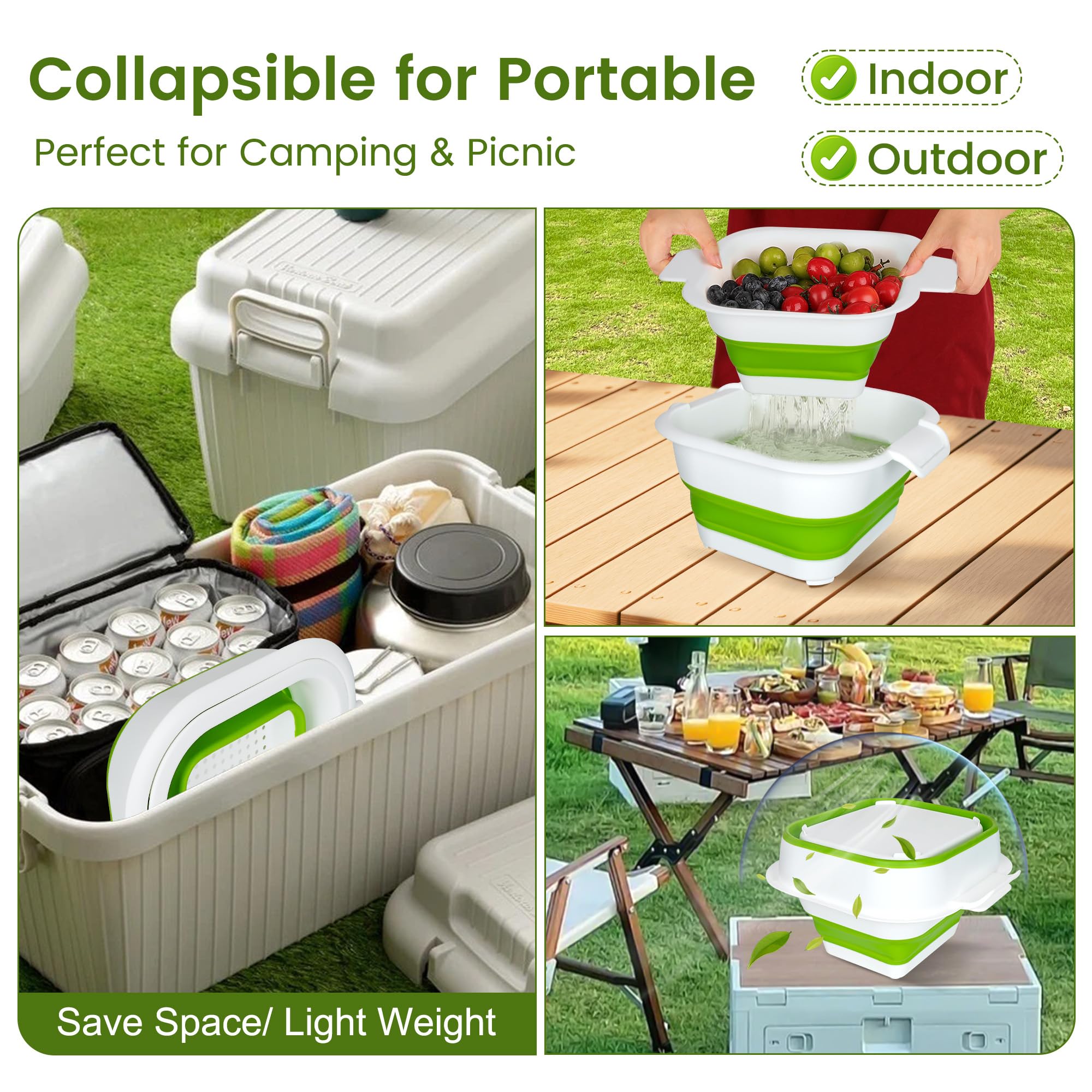 Juego de colador plegable con cuenco colador, cesta de lavado de frutas 2 en 1 con colador, colador de plástico de 5 + 3 cuartos de galón para cocina, cuenco plegable de doble capa para bayas,