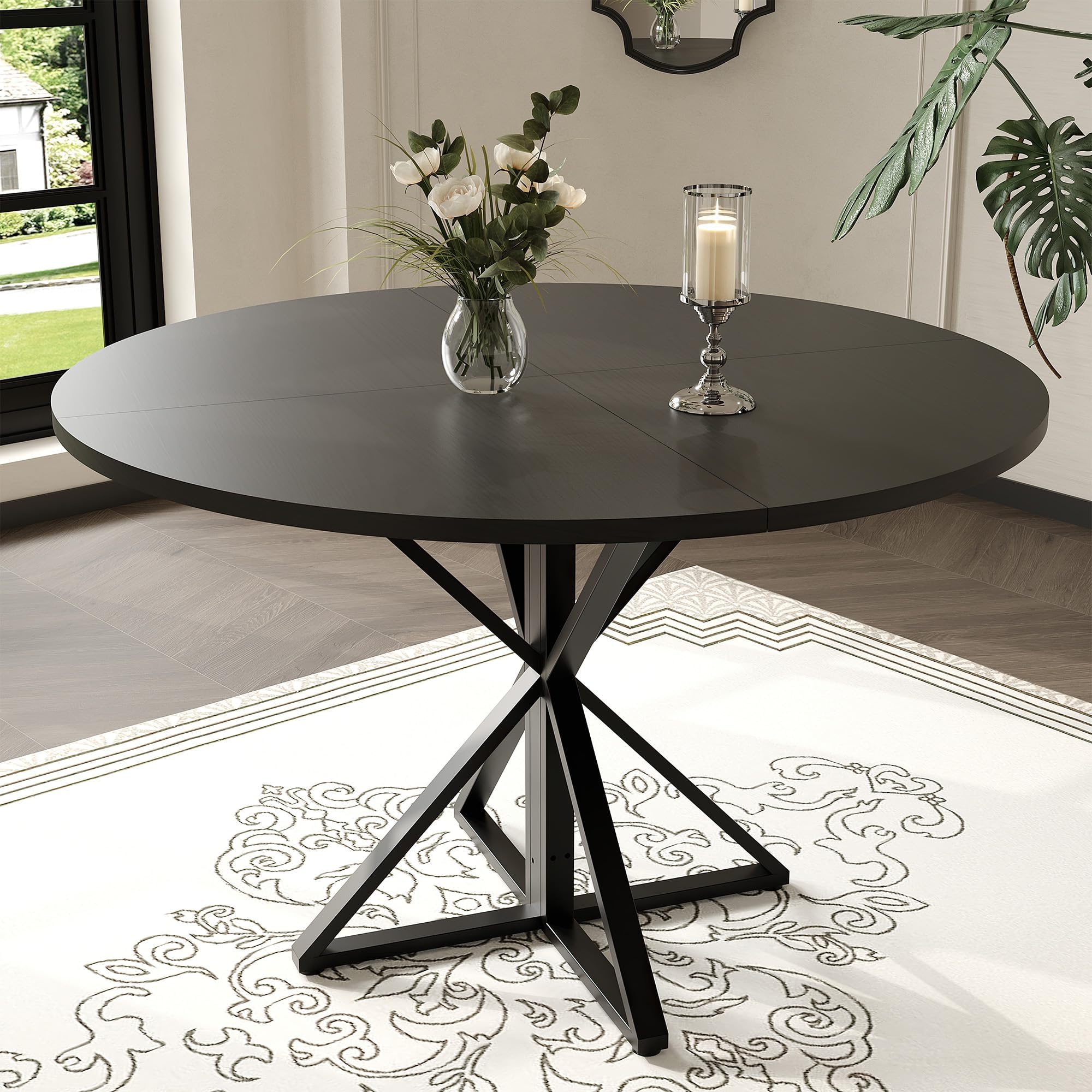 Garvee Mesa De Comedor Redonda De 120 Cm para 4 Personas, Diseño Moderno De Estilo Rústico, Ahorra Espacio, Base De Pedestal De Madera y Metal