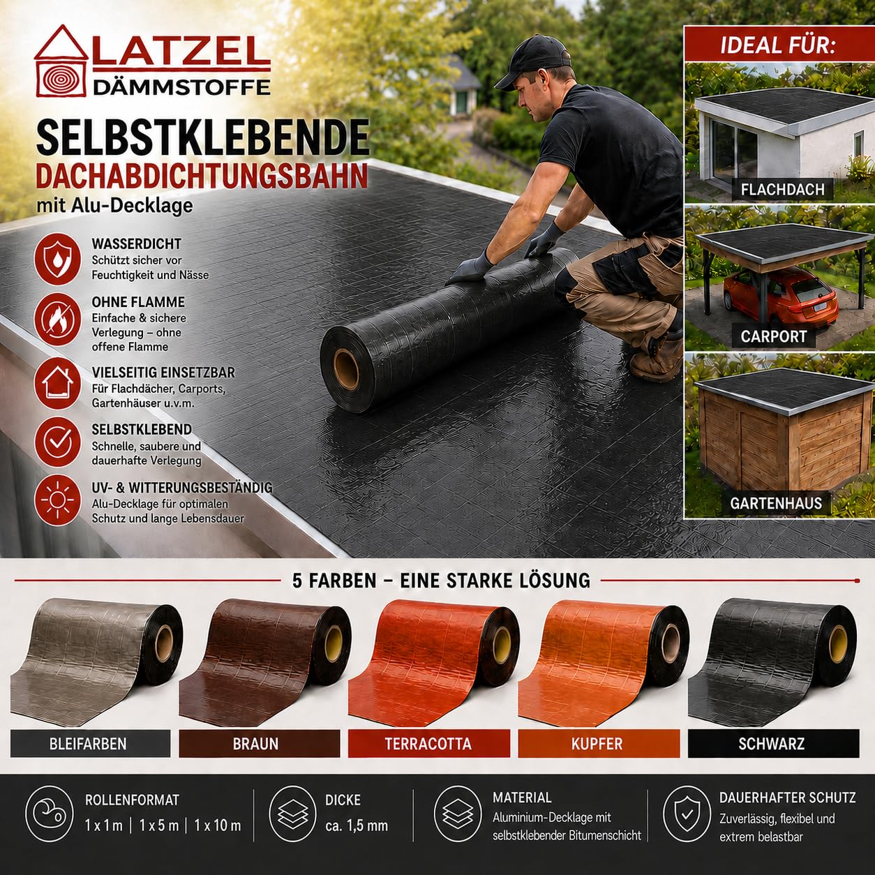 Banda autoadhesiva para impermeabilización de techos, corte 1 m - 1 m² Negro – Banda para tejado de betún con capa superior de aluminio – impermeabilización de techo sin llama – para cobertizo, casa
