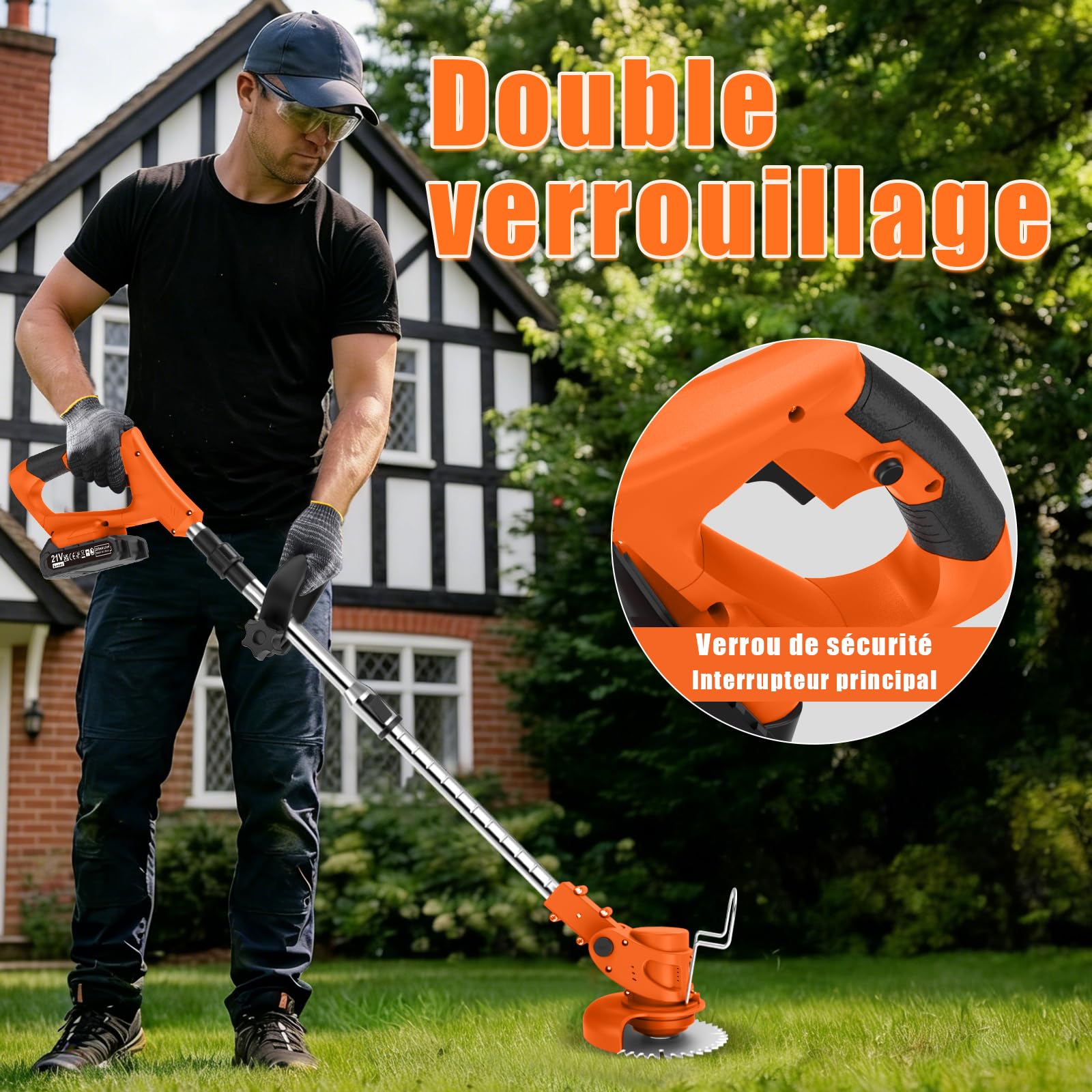 Coupe Bordure sans Fil avec Batterie Pliable 60cm, Debroussailleuse Electrique 2 Batterie 21V, Manche Télescopique 105-130cm et 26 Lames pour Entretien de Pelouse et Finitions de Jardin (Orange Foncé)