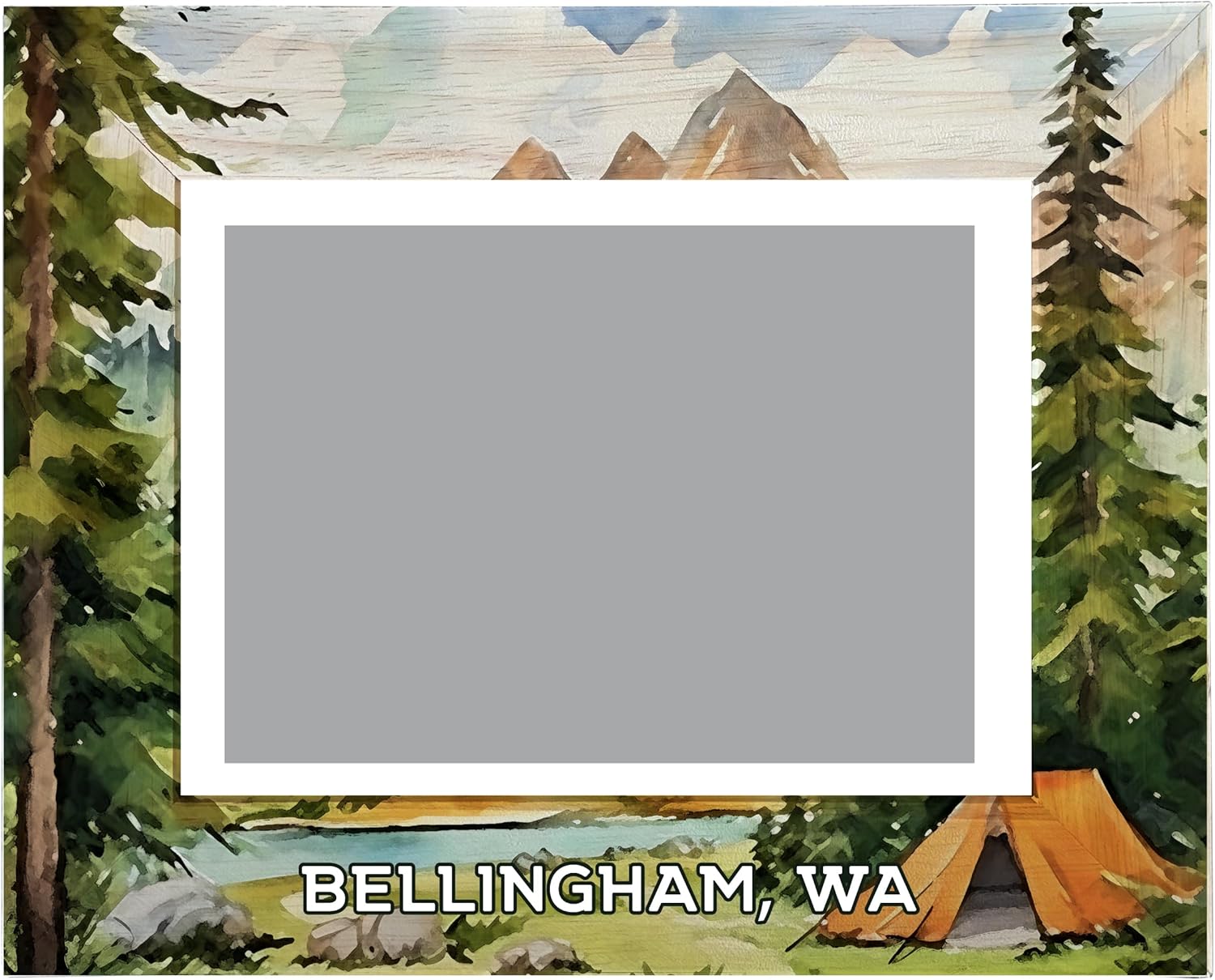 R and R Imports Bellingham Washington Souvenir Wooden Photo Frame Camping Tent Design Horizontal