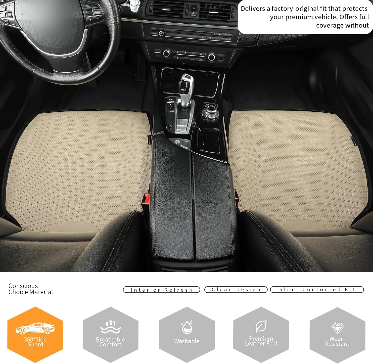 Auto Newer Leather Car Seat Cover,Breathable Bottom Car Seat Protector,All-Season Comfort, Easy Clean，Airbag Compatible,Non-Slip Fit for Most Cars, Suitable for Seat Ventilation Heating（Beige，2PCS）