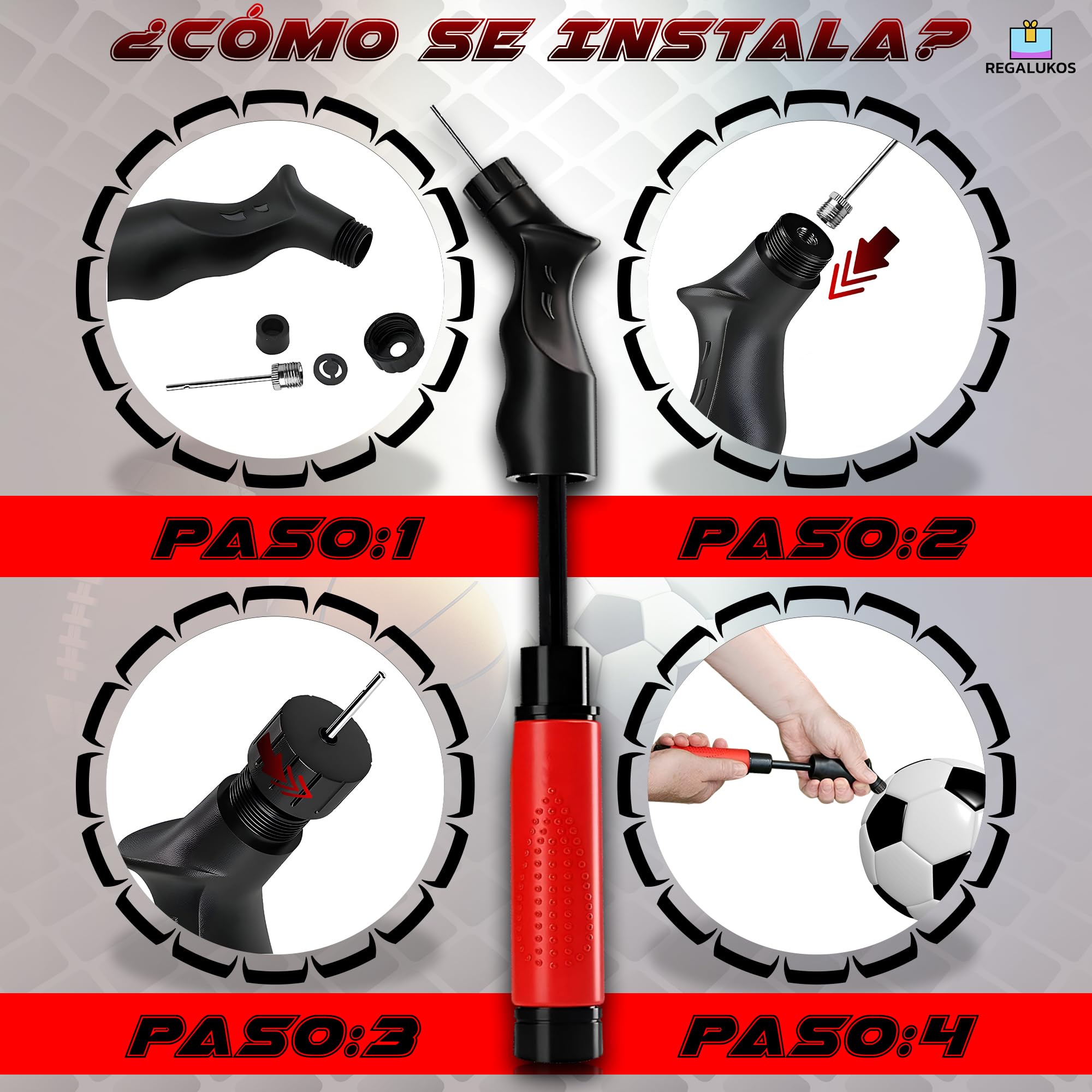 Inflador Balones + 5 Agujas de inflado + Bolsa Tela Negra para Guardar Inflador | Hinchador Balones de Fútbol, Baloncesto, Balonmano, Voleibol, Rugby, etc.