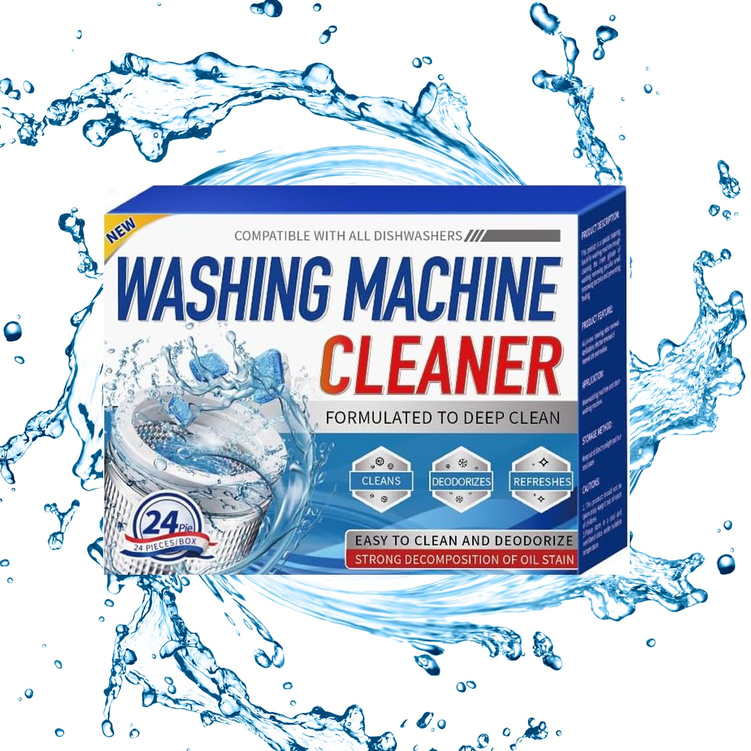Washing Machine Cleaner Descaler 24 Pack - Deep Cleaning Tablets For HE Front Loader & Top Load Washer, Septic Safe Eco-Friendly Deodorizer, Clean Inside Drum And Laundry Tub Seal 12 Month Supply