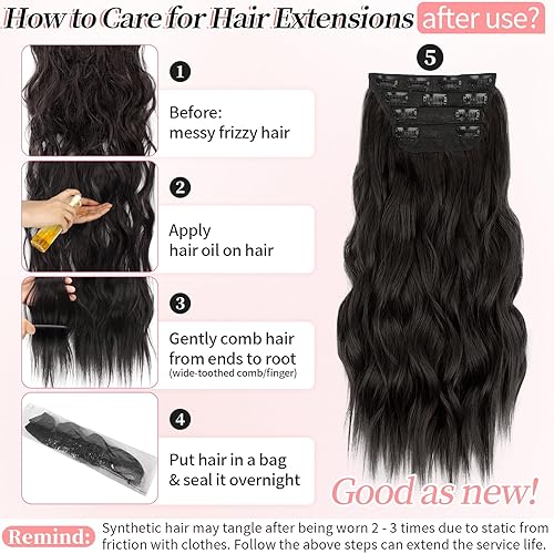 Miniatura 9 de KooKaStyle - Extensión de cabello sintético con pinza largo y ondulado con fibra de doble trama de 20 pulgadas para mujer 4 piezas color marrón