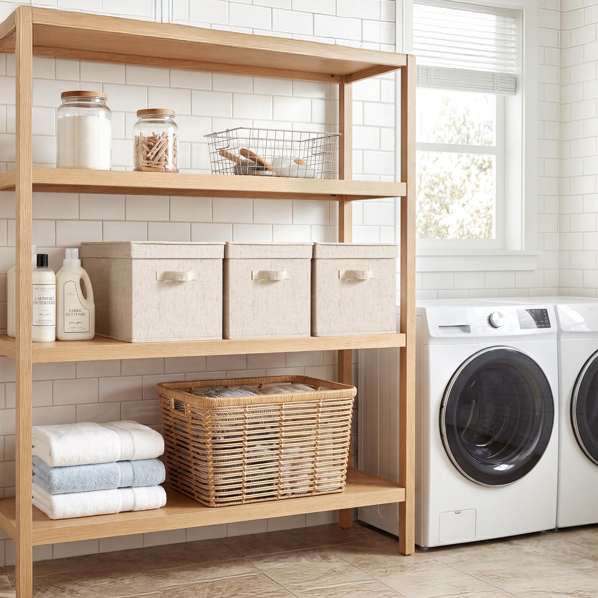 StorageWorks Aufbewahrungskorb mit Deckel, dekorative Aufbewahrungsboxen mit PU-Griffen, stapelbare Stoff-Aufbewahrungskörbe für Schrank, Regale, Beige (Baumwolle-Leinen), Jumbo, 3 Stück