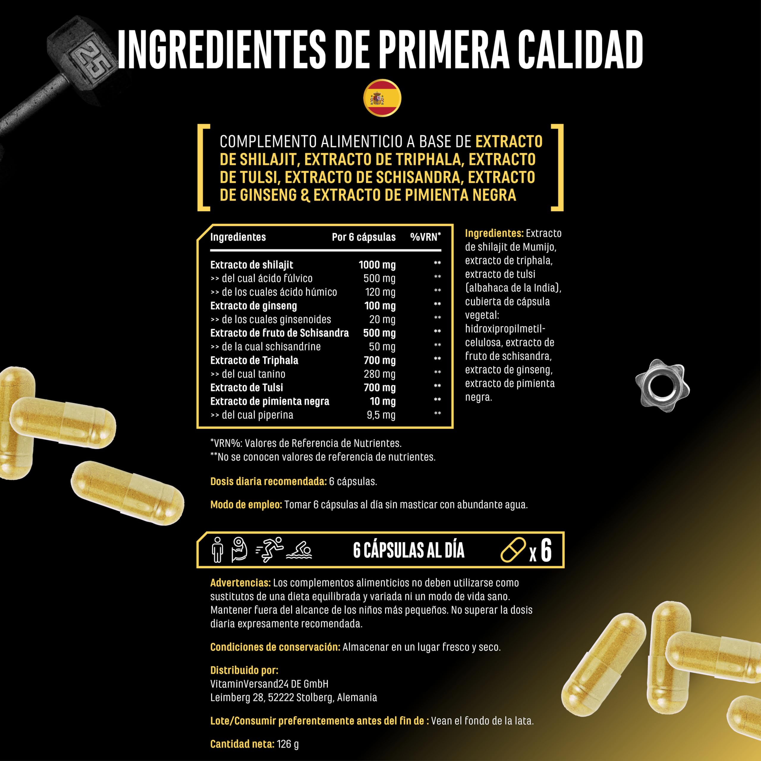 Shilajit Complex - 180 cápsulas - Alta dosis con 3010 mg por dosis diaria - Con ginseng, schisandra, triphala, extracto de tulsi, 50% de ácido fúlvico y 12% de ácido húmico - Vegano