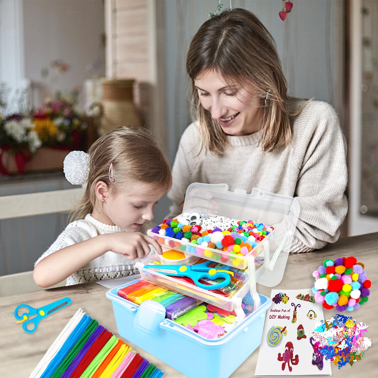3000 Bastelset Kinder Basteln Bastelkoffer mit Pfeifenreiniger Bastelsets für Kinder im Alter von 4-6, 6-8, 8-12 DIY Schulbedarf Material Bastelbox Set Spielzeug Geschenke für Mädchen Jungen, Blau