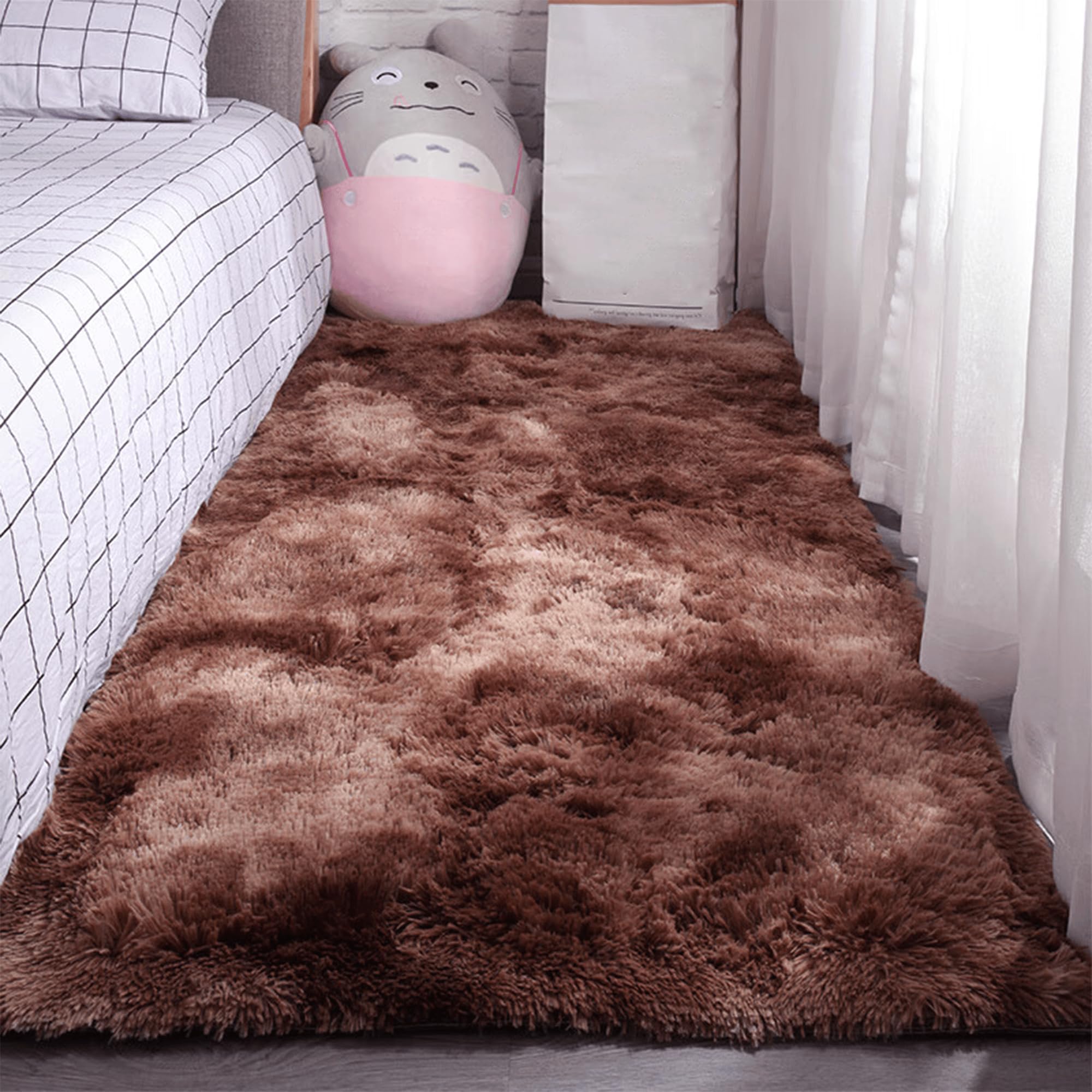 Tapis salon 200 x 300 cm marron à poil long doux et antidérapant