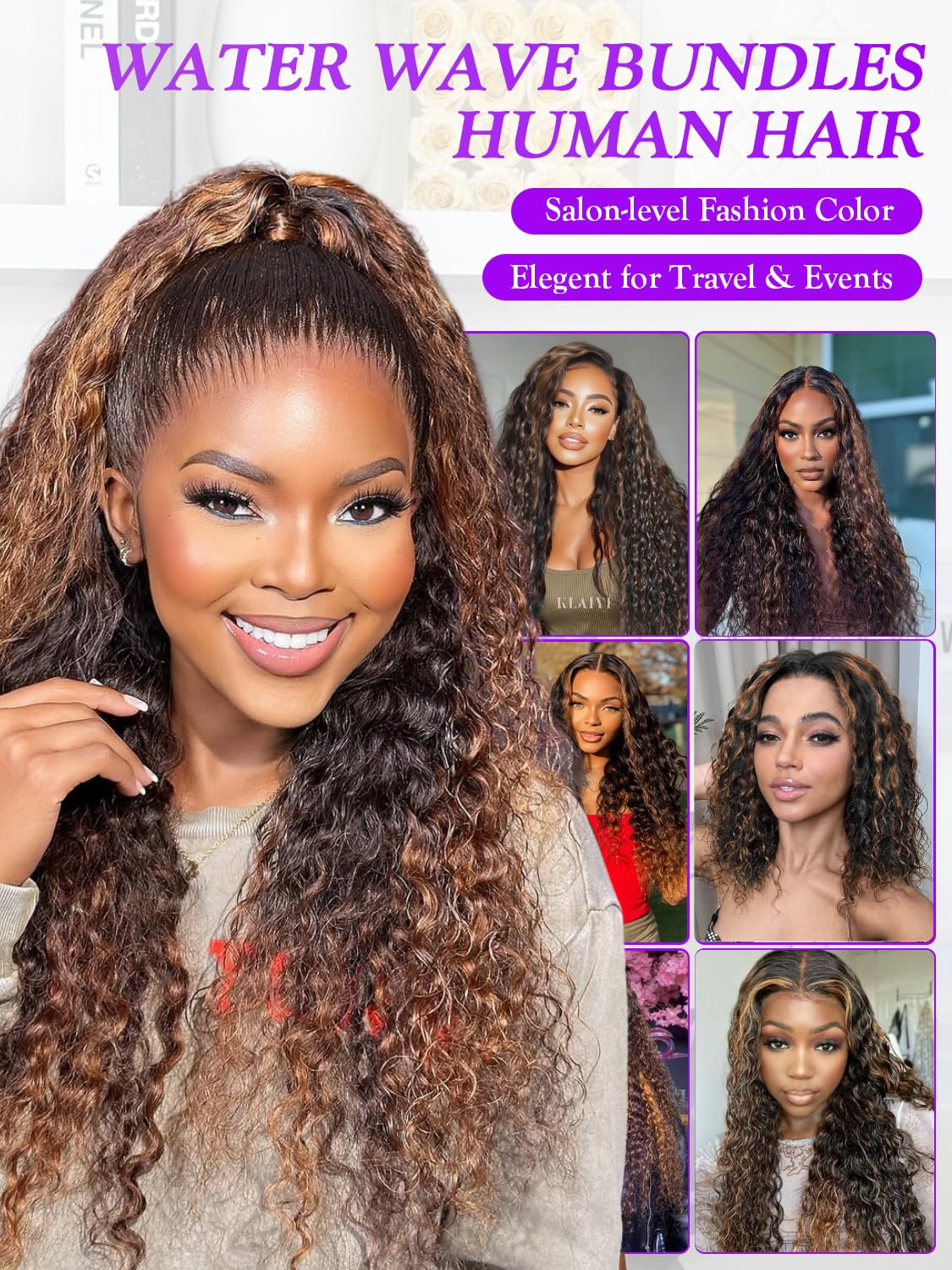 Water Wave Curly 1b/30 Highlighted Human Hair Bundles with 13x4 Frontal, Golden Brown Brunette Black Balayage Highlight Sew Weave, 12A 100% Brazilian Virgin Hair 3 Bundles & Frontal 16 18 20+14 Inch