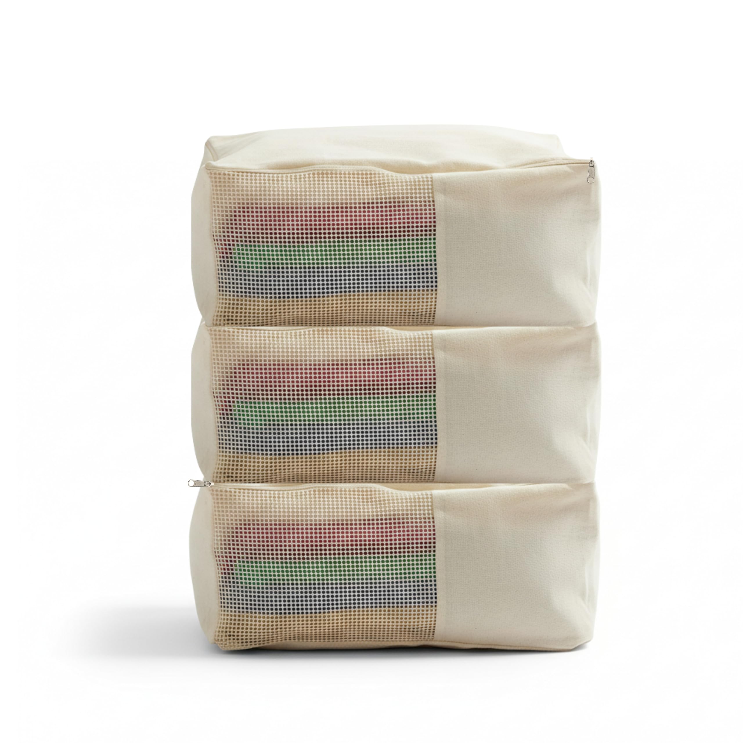 Cotton Canvas Clothes Storage Bags/Saree Covers with Zip for Storage Specially Design for Woman Dresses, Sarees, Lehengas for Wardrobe Organizer (18 x 16 x 4.5 Inch) (Set of 3)