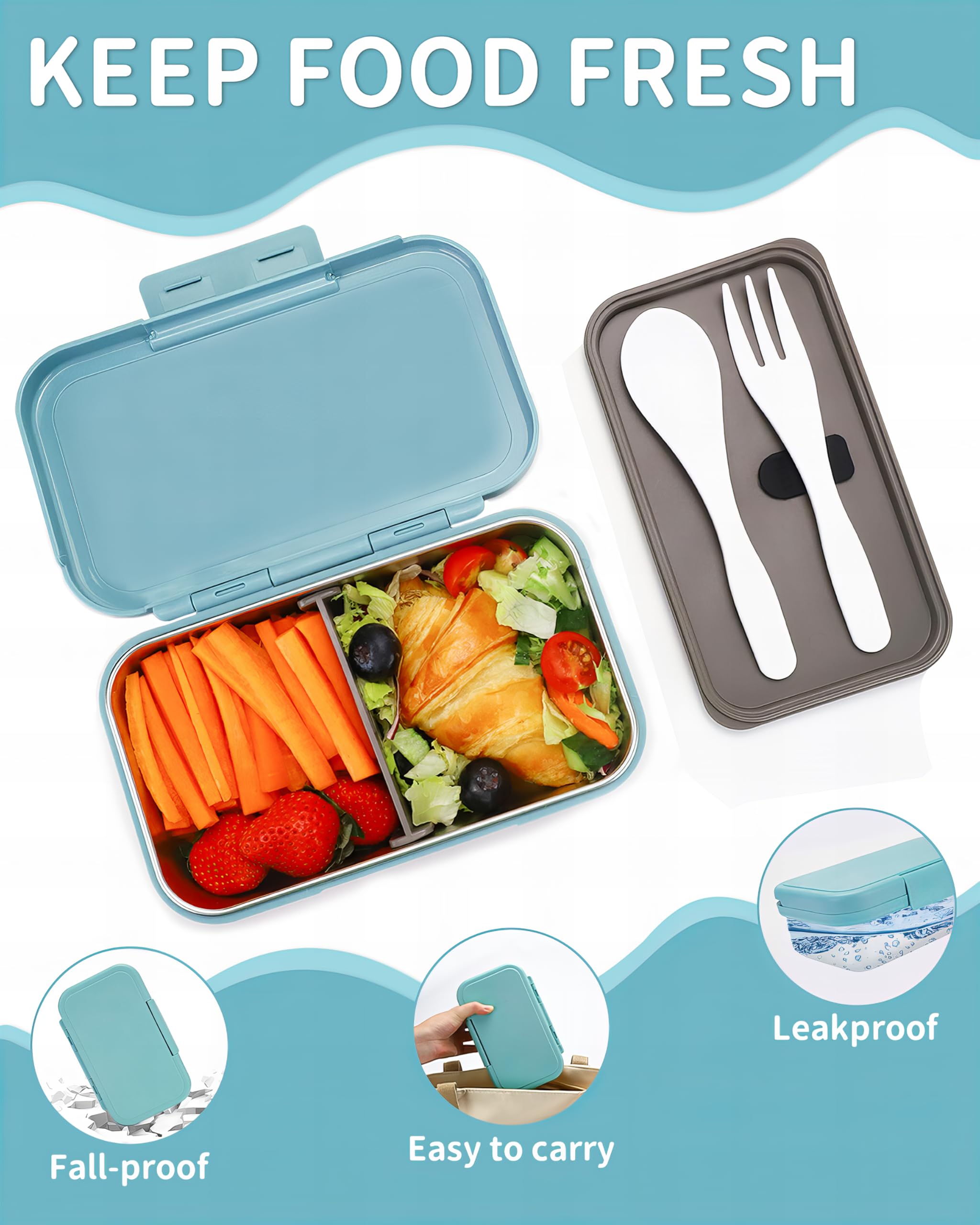 Set 2 Lunchbox Per Bambini Con 6 Scomparti 1330 Ml - Contenitori Stagni Blu E Verdi Con Posate E Vaschette Salsa