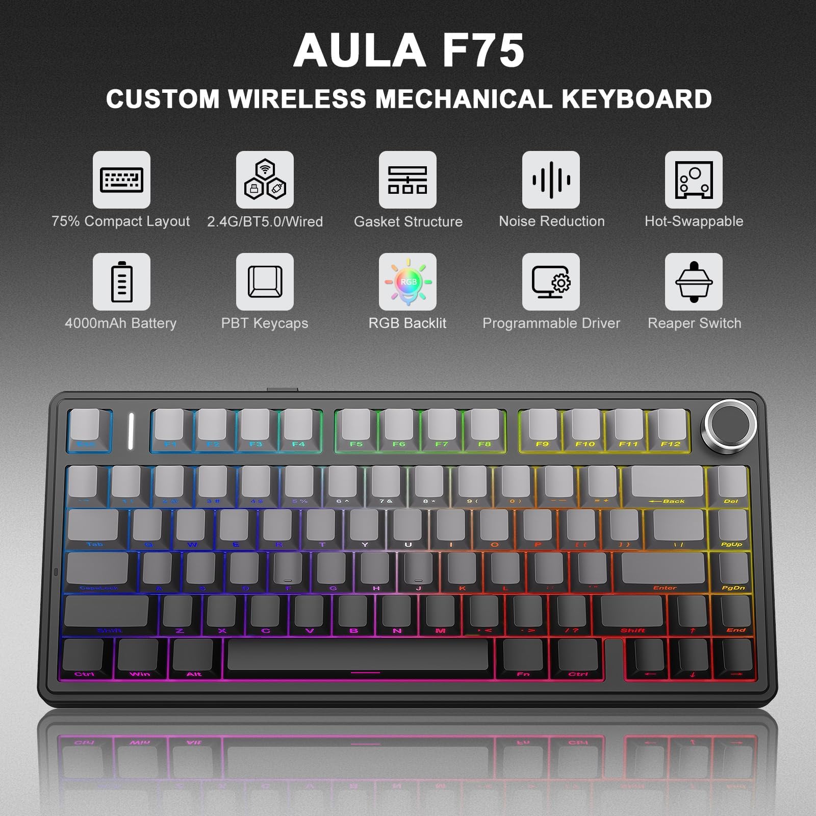 TZMRIT Tastiera meccanica da gioco F75 MAX 2,4 GHz/Type-C/BT5.0 sans-fil incisione lateralestruttura a molla a gashot-swap RGB