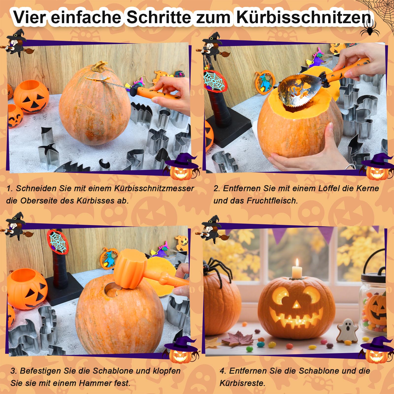 Kit De Sculpture Citrouille Halloween 24 Pièces - Emporte-pièces Acier Inoxydable, Marteau, Outils