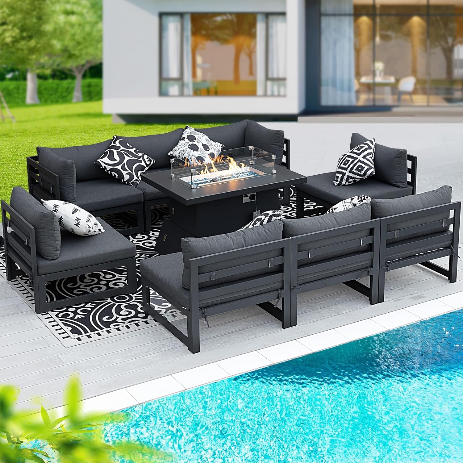 BULEXYARD 9 Pcs Modern Aluminum Outdoor Patio Furniture Set with Fire Pit Table Propane/Gas, Extra Large All-Weather Modular Sectional Couch, 29" Wide Deep Seat, Conversation Sofa for Deck, Dark Grey