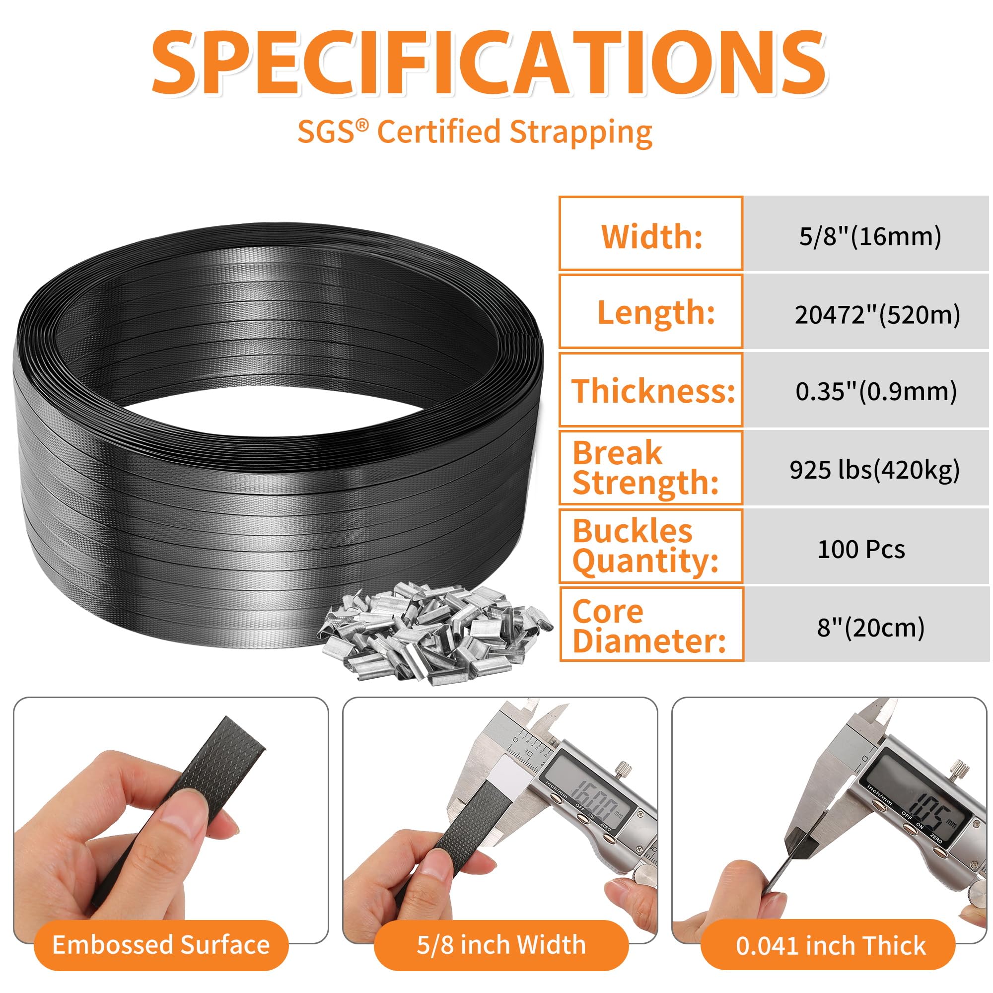 Rollo de flejado resistente, kit de correas de poliéster (PET), 16 mm x 520 m, correa de banda de paleta con 100 sellos de acero con kit de caja autodispensante