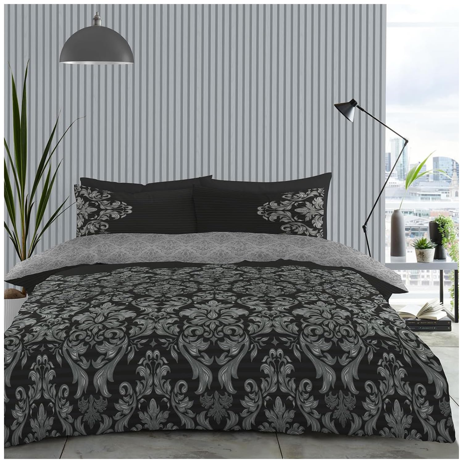 Gc Gaveno Cavailia Empire Damask Black Damask Floral Textured Double Bedding Set - Reversible Bedding With Matching Pillowcases - Floral Pattern Double Bed Duvet - Black