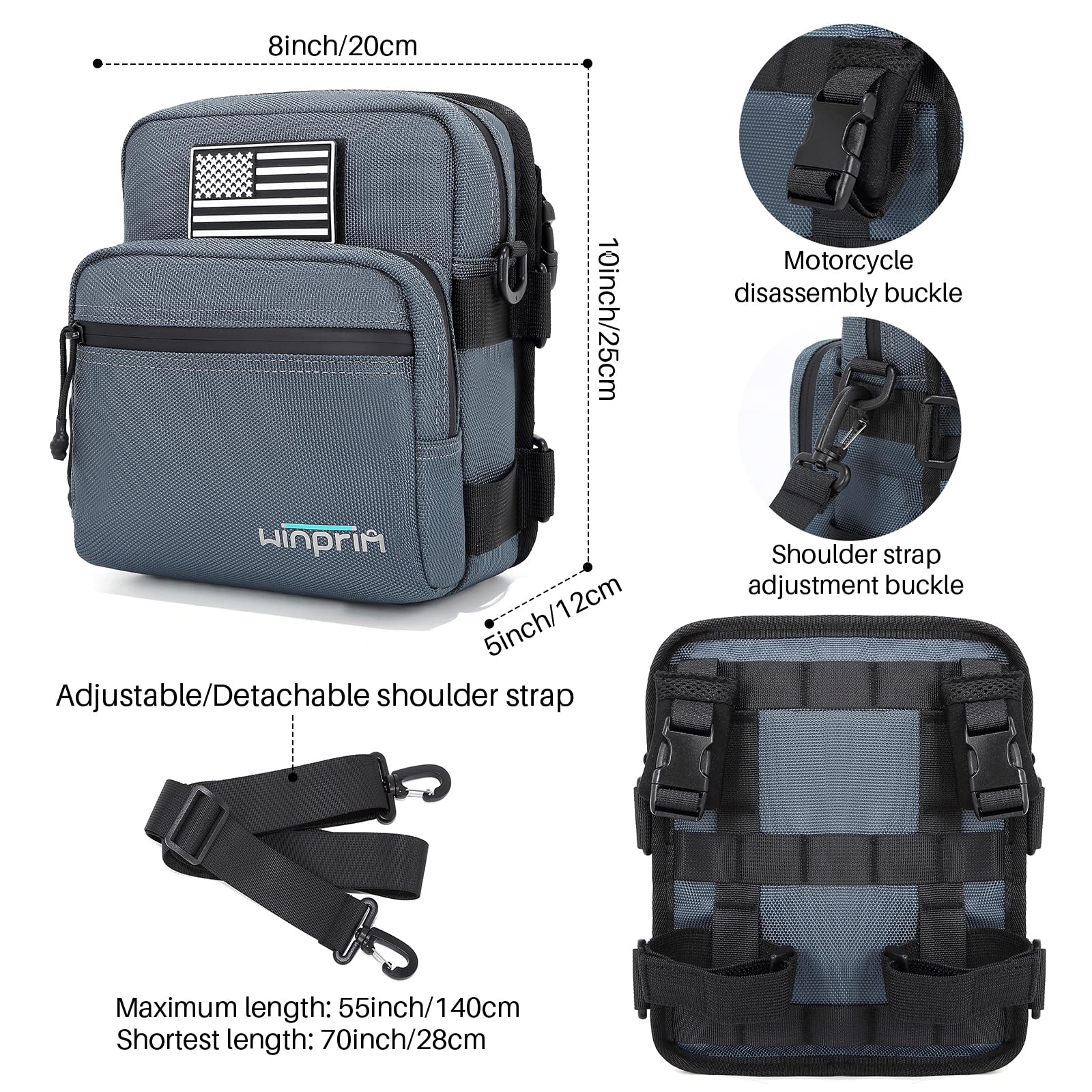 WINPRIM Handlebar Storage Bag for Motorcycles – Waterproof 1680D Utility Pouch with Flag Patch – Small Size for Crossbar or Shoulder Use (1680D Gray)