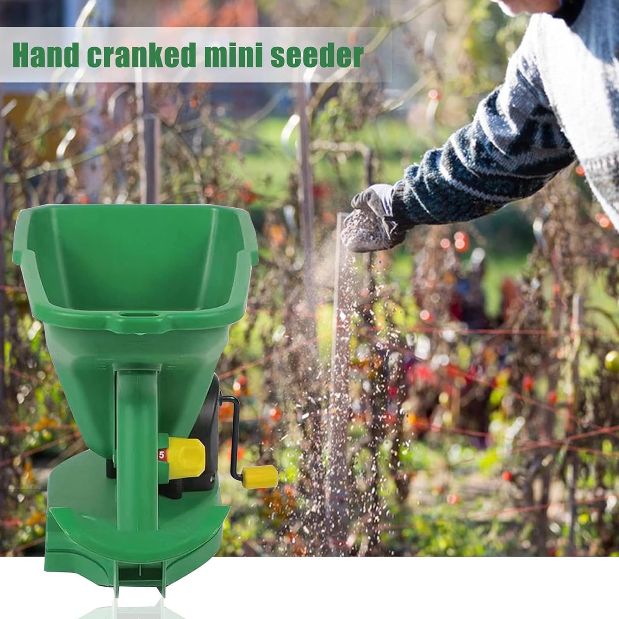 Esparcidor de semillas, diseño de mano de 2 litros con ajuste de 5 engranajes, herramienta de jardinería portátil para césped, jardín, horticultura, fertilizantes y derretimiento de nieve