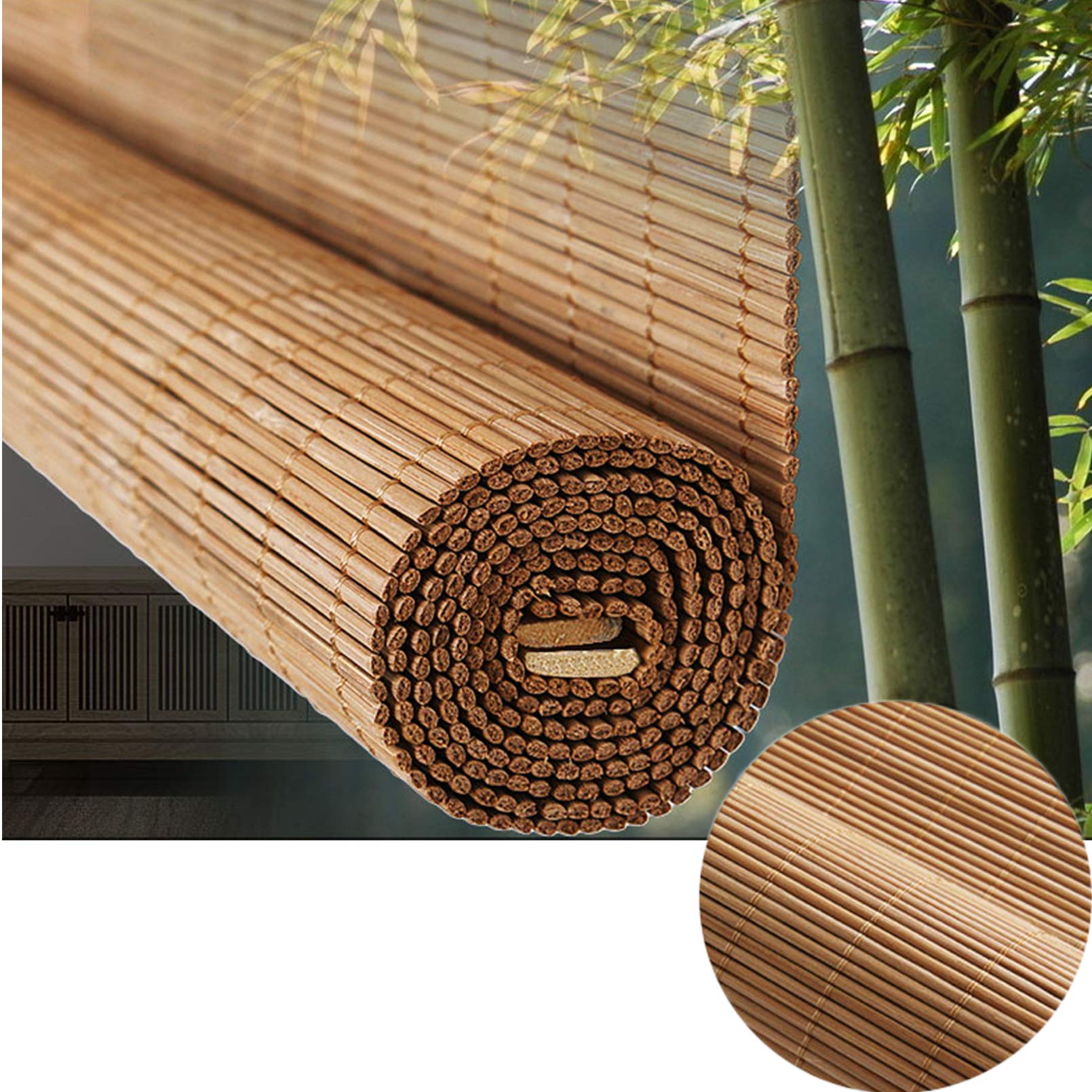 Tenda A Rullo in bambù Naturale,Tende Avvolgibili Traspiranti,Tende da Finestra per Esterni,Veneziane per Finestre,Colore Carbonizzato,per Giardino/Veranda,Personalizzate (W160xH160cm(63x63in))
