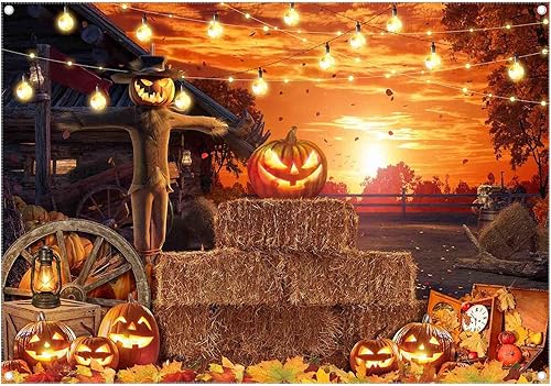 Miniatura 1 de ZTHMOE Telón de fondo de fotografía de Halloween de poliéster de 7 x 5 pies, diseño de calabaza de diablo sombrío, horrible espantapájaros, cartel