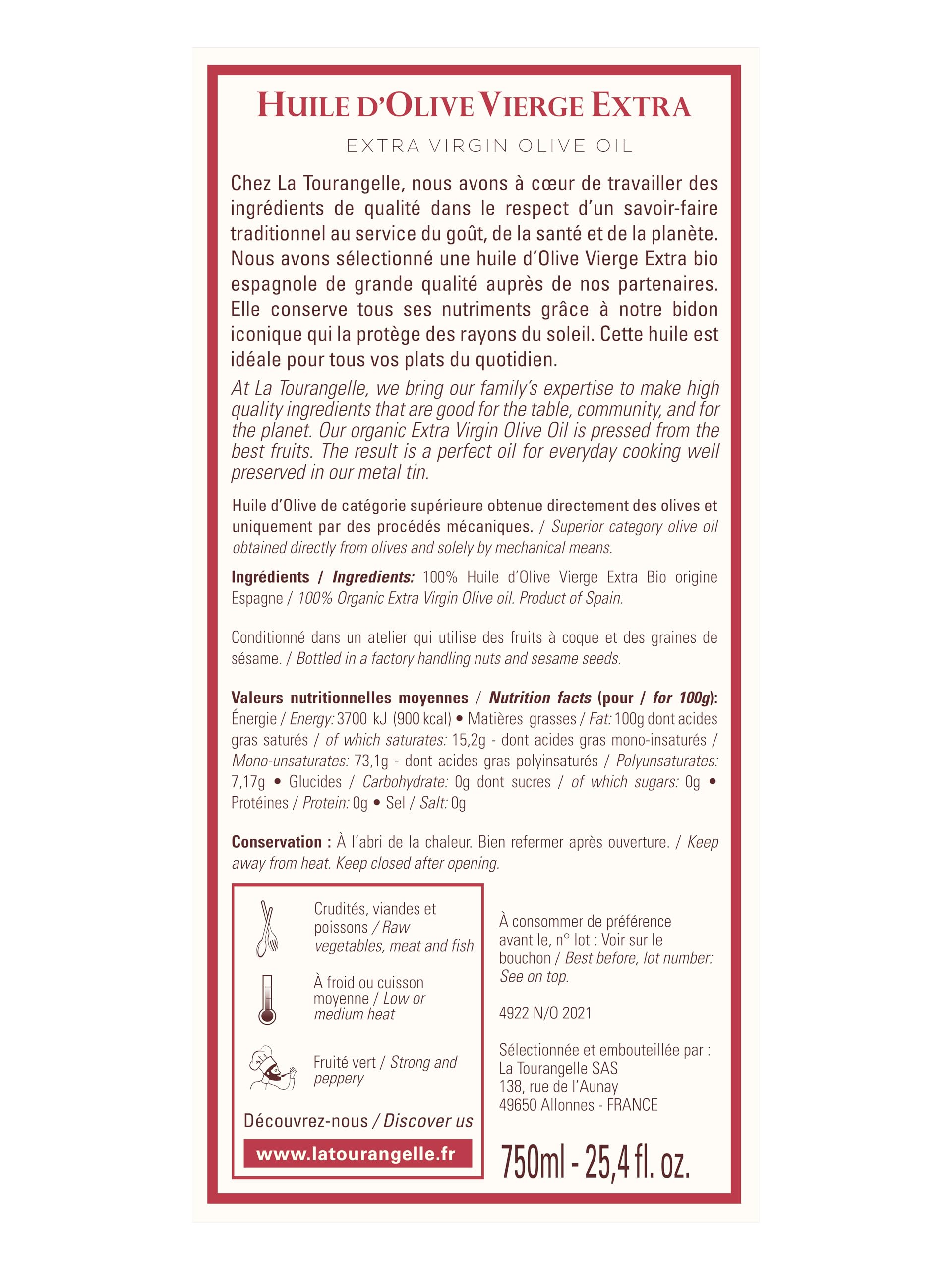 La Tourangelle - Huile d'olive vierge extra Bio - Fruité Vert - Extraite à froid - Riche en polyphénols & Omega 3 - Huile de qualité supérieure - 750ml