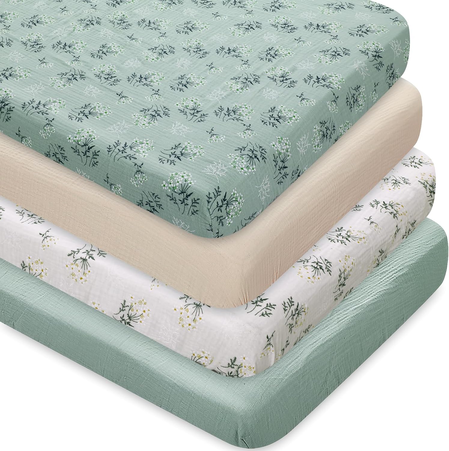 Newwiee 4 Pcs Muslin Fitted Crib Sheet Muslin Cotton Baby Sheets Crib Mattress
