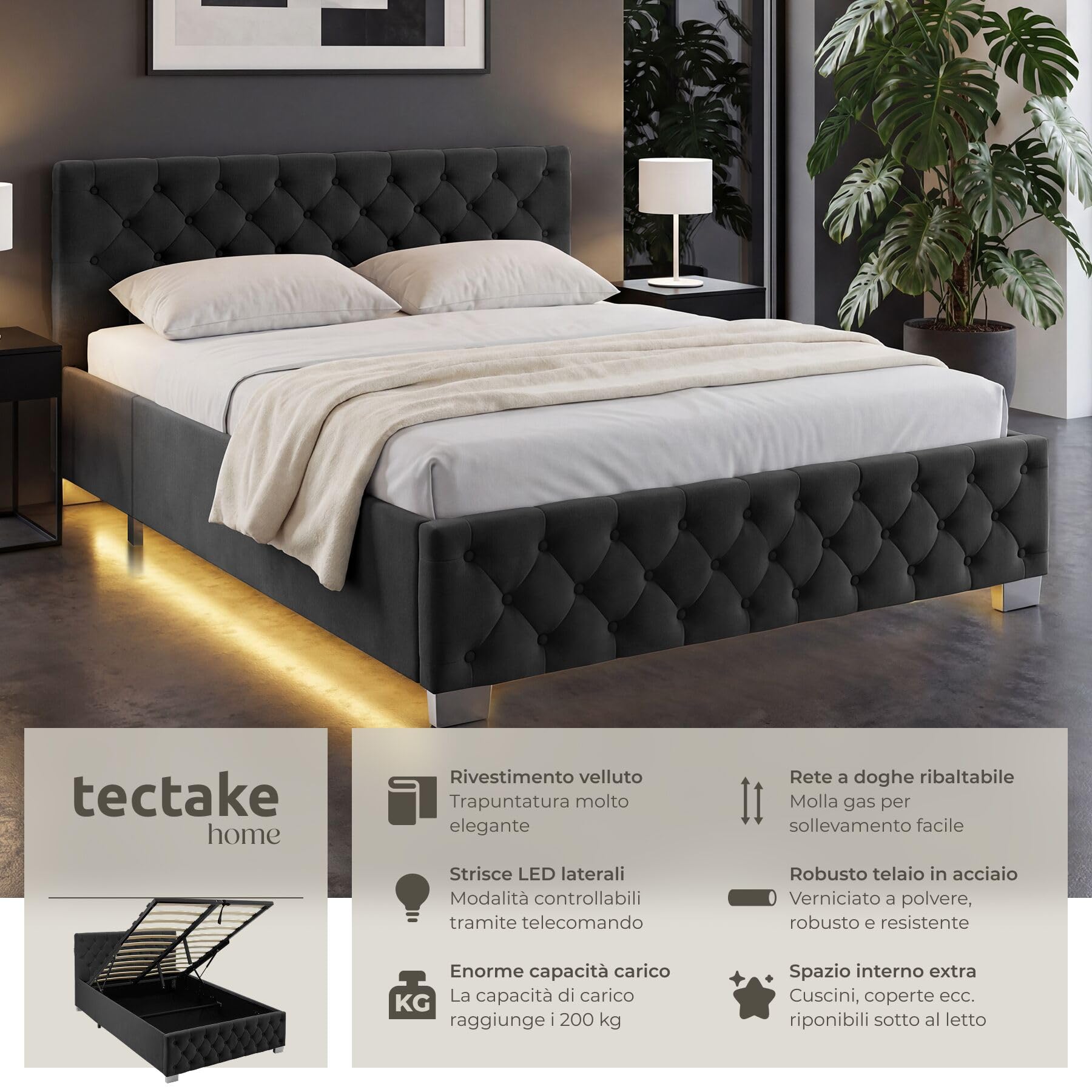 tectake® Letto Matrimoniale Imbottito con Rete a Doghe 120x200 cm, Letto Contenitore Matrimoniale e Illuminazione LED, Struttura in Acciaio, Velluto Trapuntato Chesterfield, con Telecomando - Nero