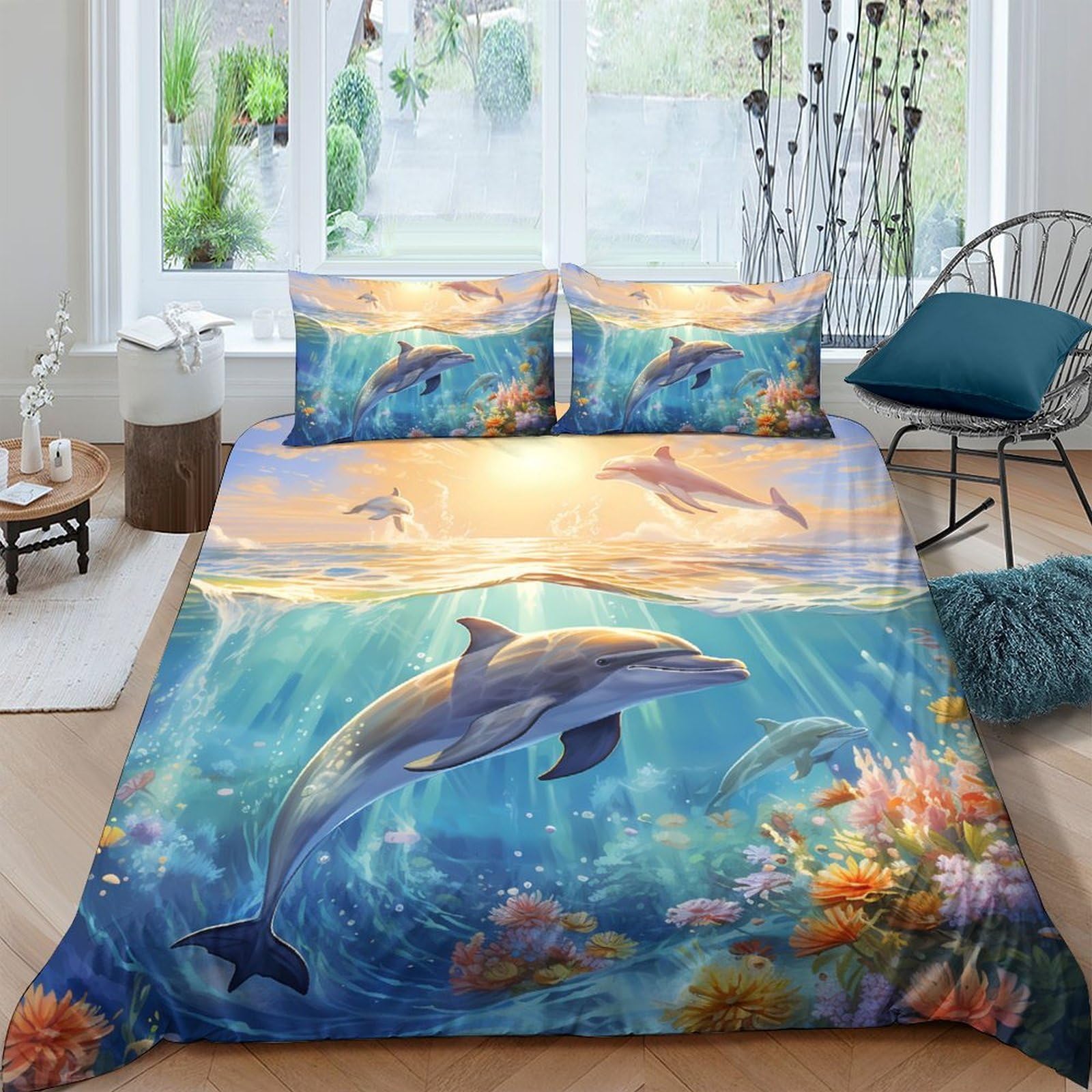 Ctjqhvkz Style-8 3D Printed Ocean Dolphin Fitted Sheet Microfiber Soft Underwater Coral Mattress Cover For Bedroom Dorm Mattress Protection Decor Single（135X200cm）