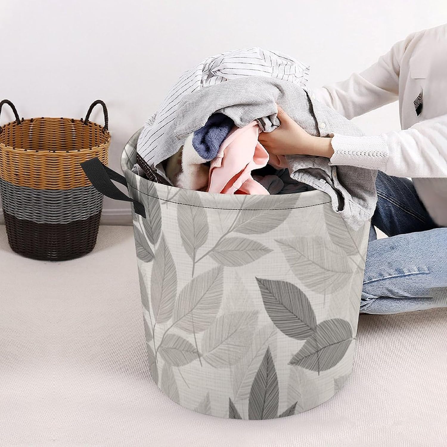 Laundry Basket with Handle Laundry Hamper Gray And Beige Leaves Dirty Clothes Hamper Collapsible Folding Clothes Hamper Waterproof Laundry Baskets for Bathroom Laundry Bedroom Dorm
