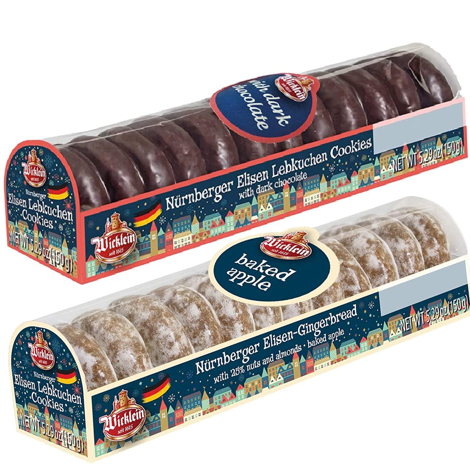 Mini Dark Chocolate Nurnberger Lebkuchen and Elisen Lebkuchen Baked Apple, Gingerbread (Pack of 2)