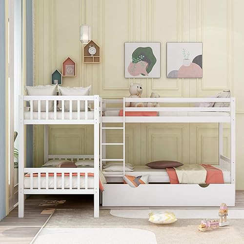 MOEO Litera individual sobre individual en forma de L con cajones para 4 niños marco de cama de madera hogar niños niñas dormitorio color blanco