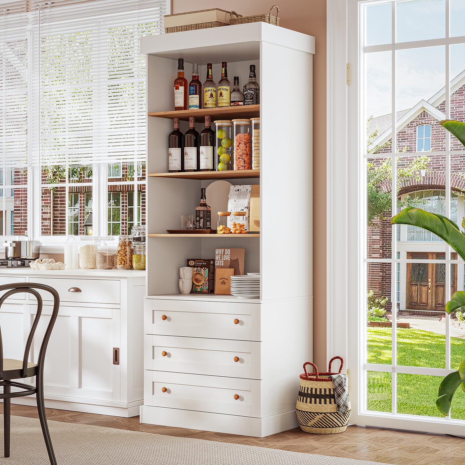 Vyre 71" Tall Farmhouse Bookshelves with Drawers, Large Modular Bookcase with Adjustable Shelves, Storage Cabinet for Living Room, Kitchen, Home Office, Study, White