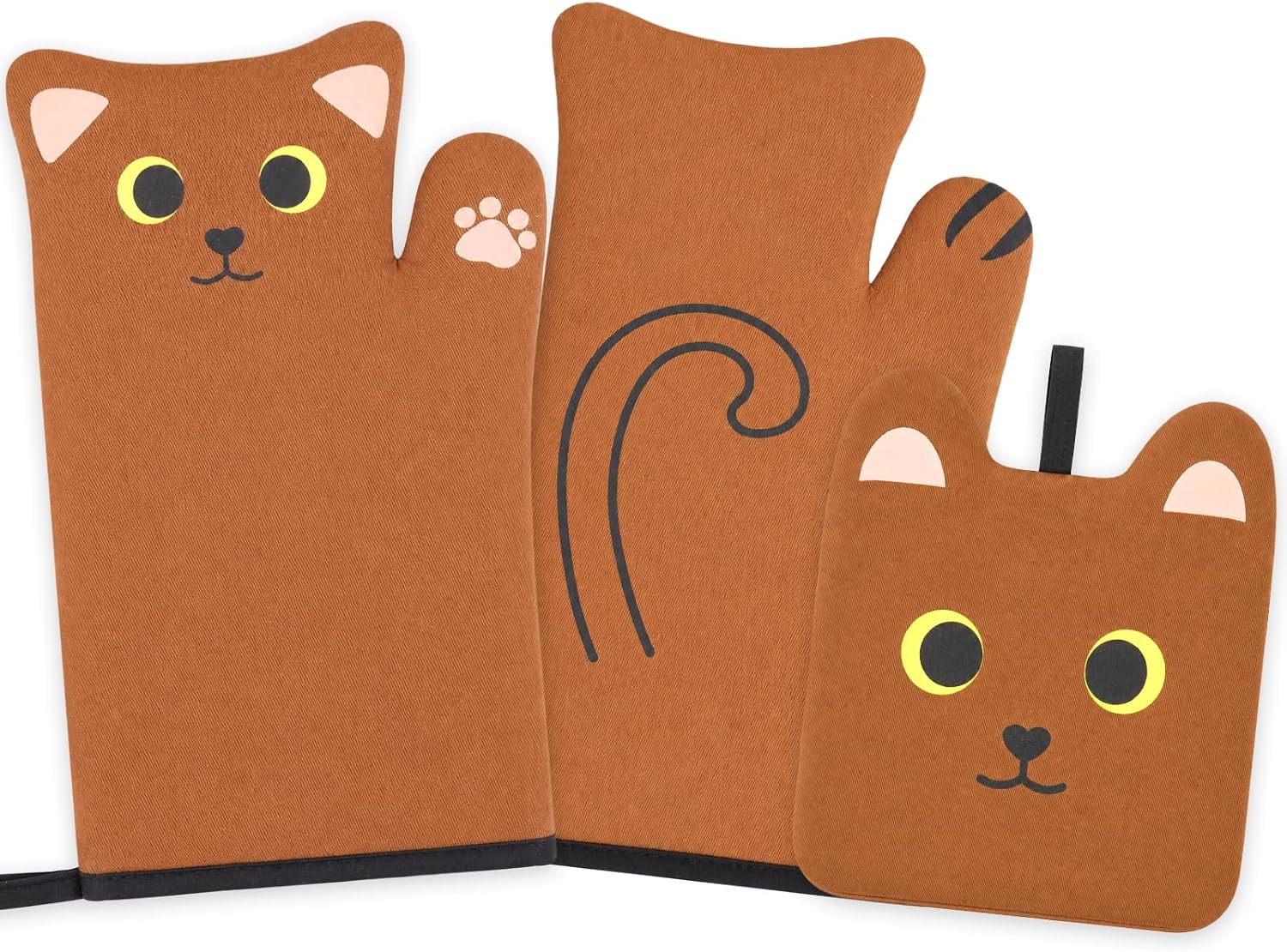 Oven Mitts and Pot Holders Set,Brown Cat Design Cooking Gloves