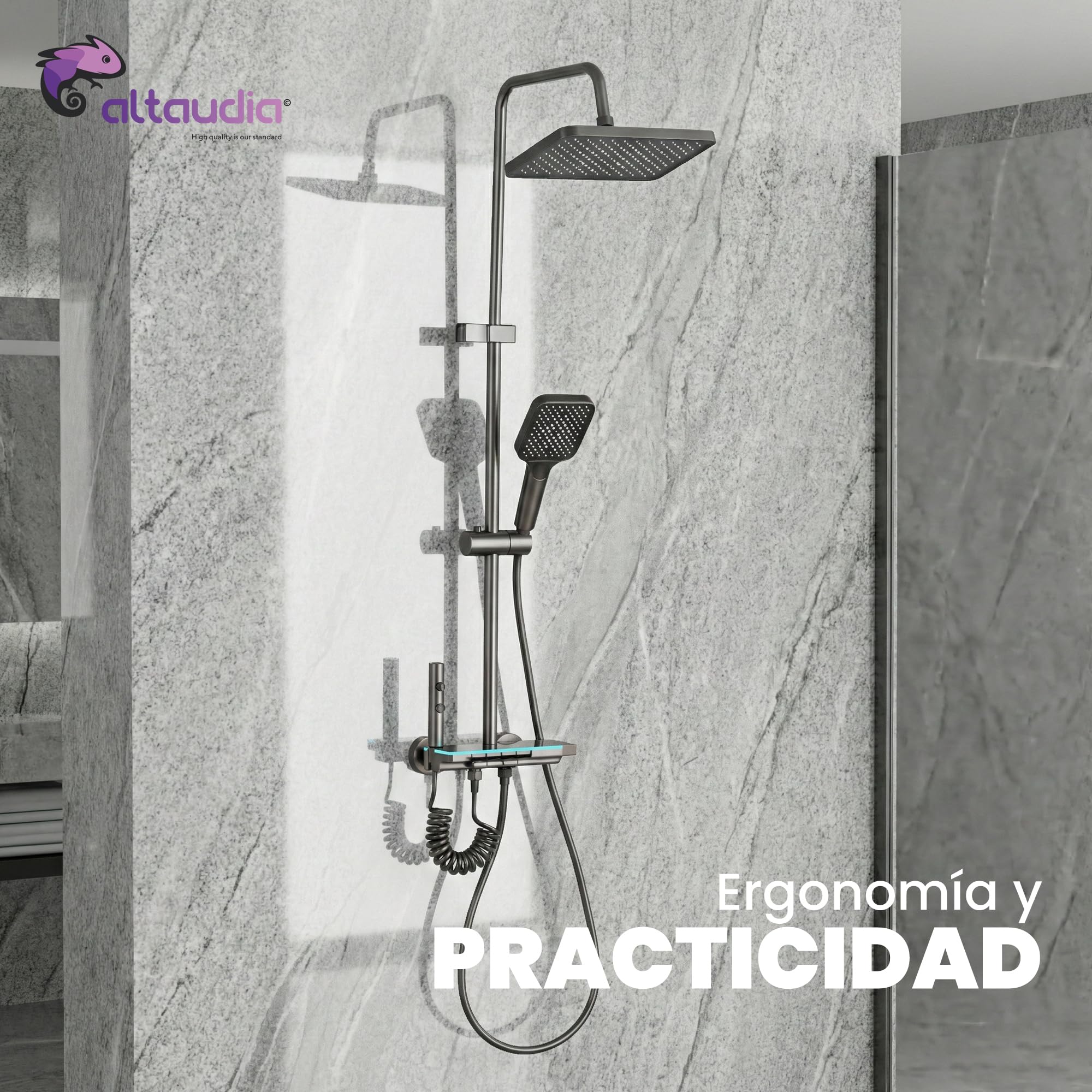 Altaudia Columna de Ducha Termostática con Pantalla LED - 4 Vías Agua (Lluvia 30×20cm, Teleducha, Spray 3 Modos, Chorro) Material Inox/ABS, Izq. Caliente/Der. Fría, Altura Regulable (Negro) — view 7