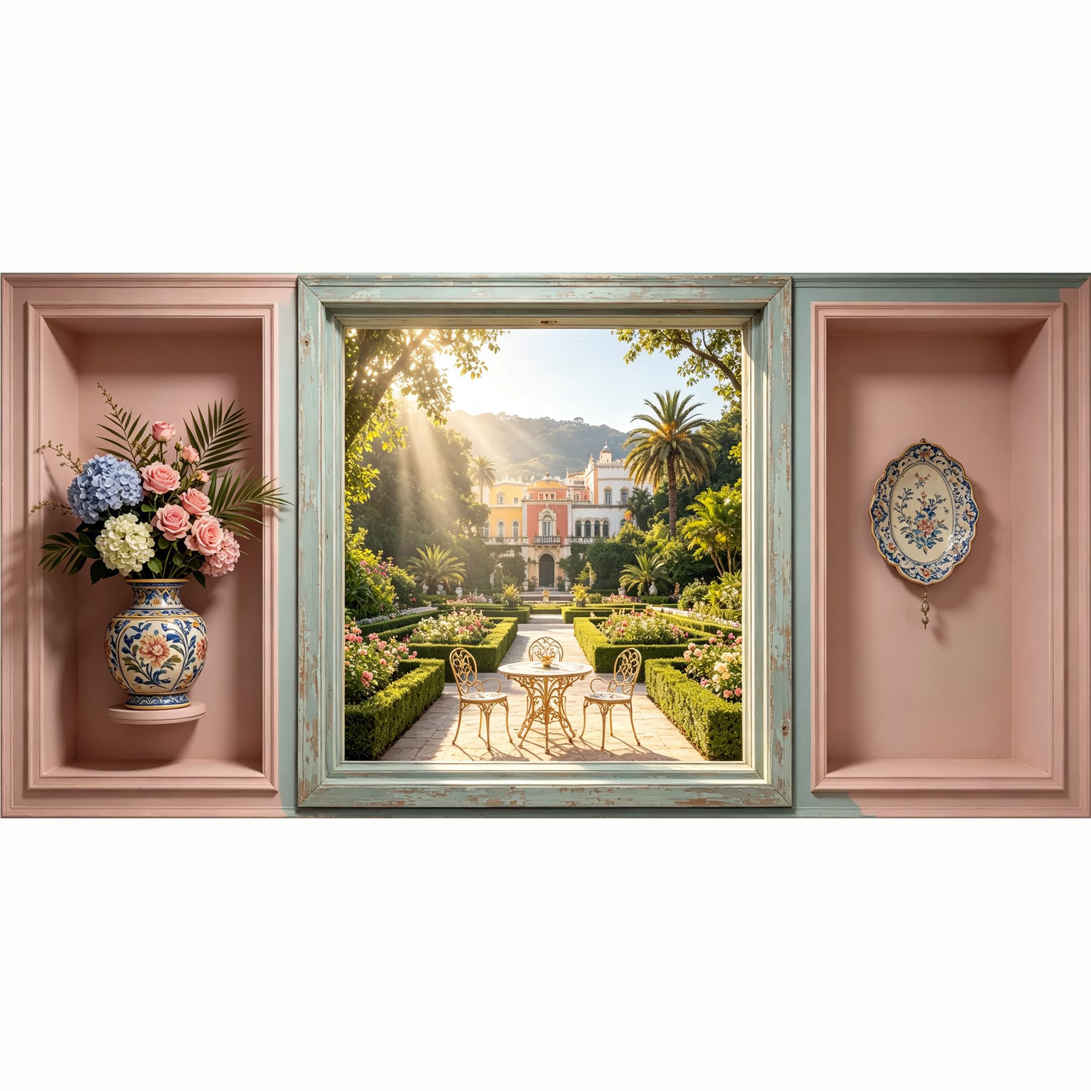 QZLITHOTIC 50x100cm 3D Framed Wall Art， Mediterranean Villa Garden Landscape， Self‑Adhesive Mural， Water‑Activated Peel & Stick Fabric Decor Wall Decal for Bedroom Living Room