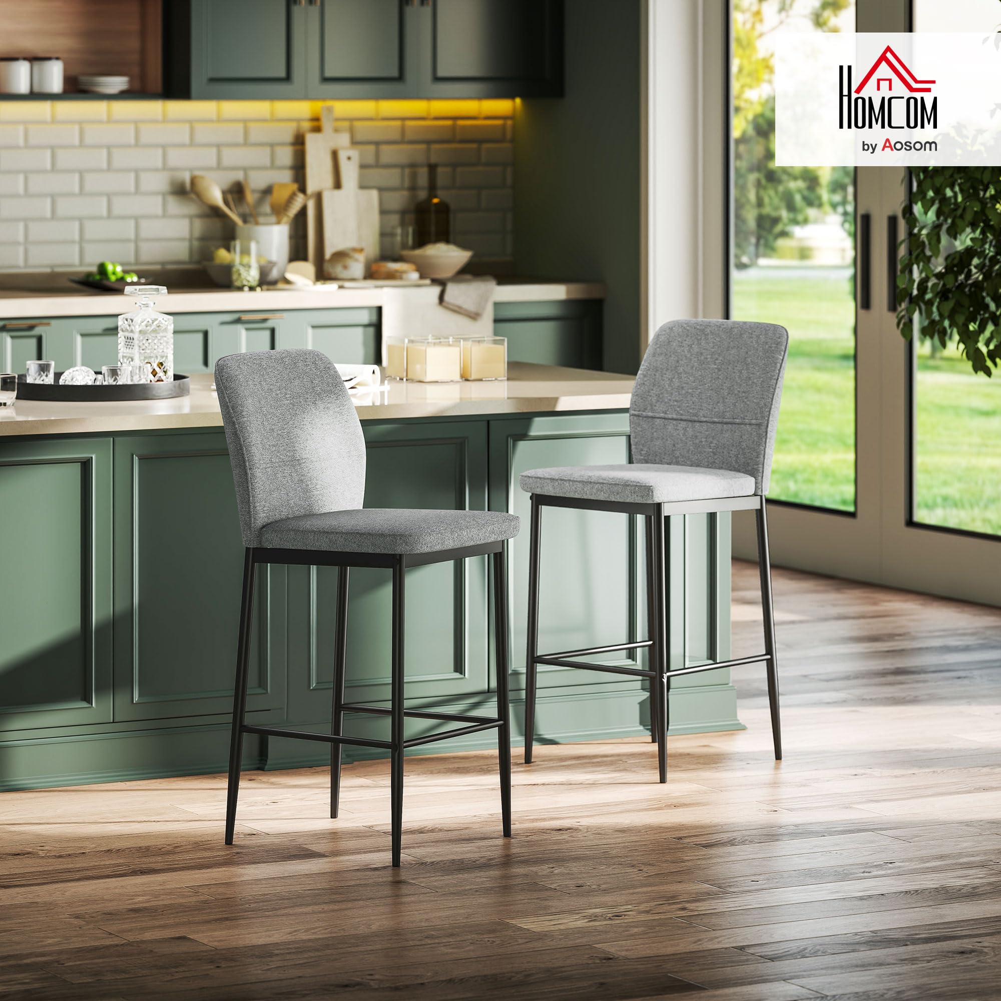 HOMCOM Juego de 2 Taburetes de Bar Altos con Respaldo y Reposapiés Gris | Taburetes Altos de Cocina, Tapizado en Terciopelo, Marco de Acero, Modernos, para Comedor Mostrador