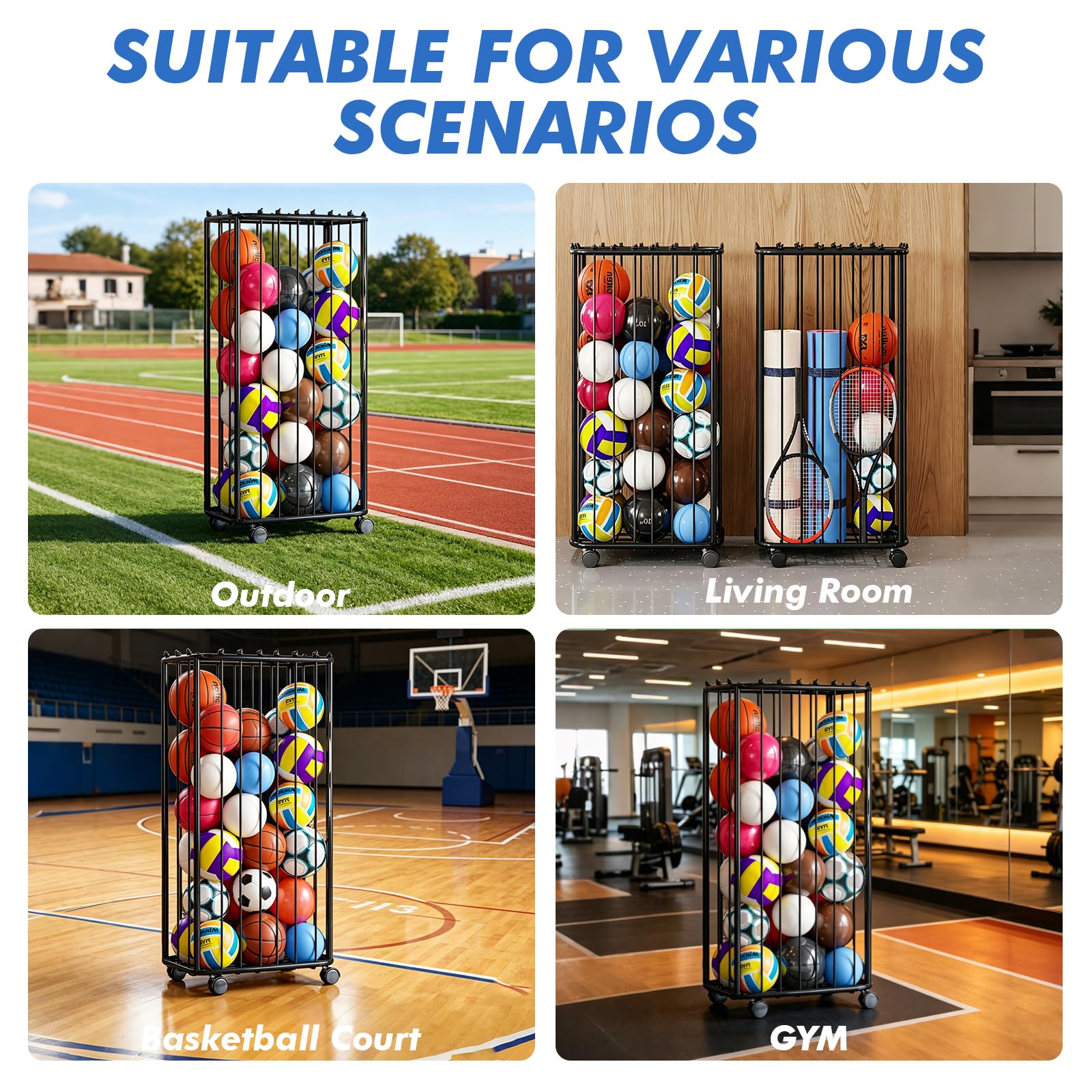 Basketball Aufbewahrungsregal, Vertikale Ball Aufbewahrung Garage, Ballständer mit Rädern & elastische Bänder, Indoor und Outdoor Ballaufbewahrungsregal für Basketball, Fußball, Volleyball, Schläger