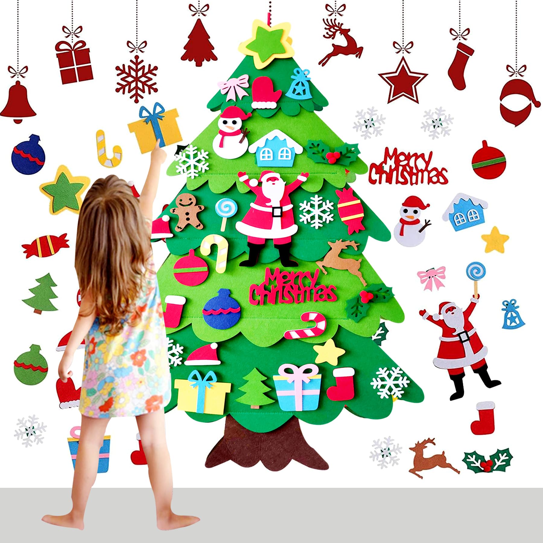 OUQIWEN Feltro Albero Natale,100 cm DIY Albero Natale Feltro Per Bambini Con 32 Staccabili Ornamenti,Decorazioni Natalizie Da Parete Per Porte