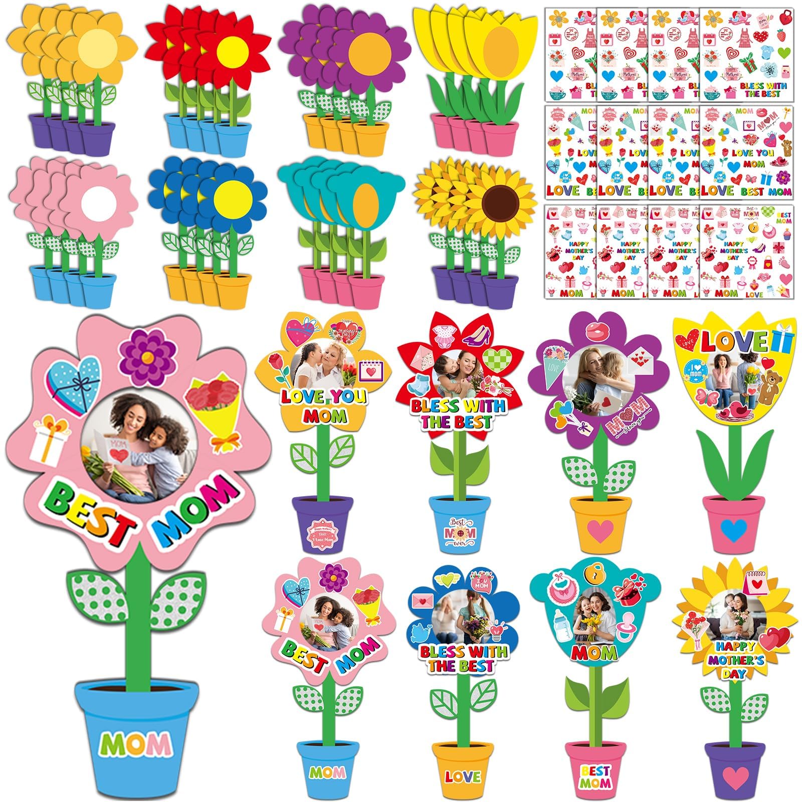 Qyeahkj 32 Pack Mother's Day Picture Frame Craft Kits for Kids DIY Flower Photo Crafts with Stickers Spring Plant Picture Paper Arts Crafts Gifts Bulk for Mom Home Class Kindergarten Party Decor