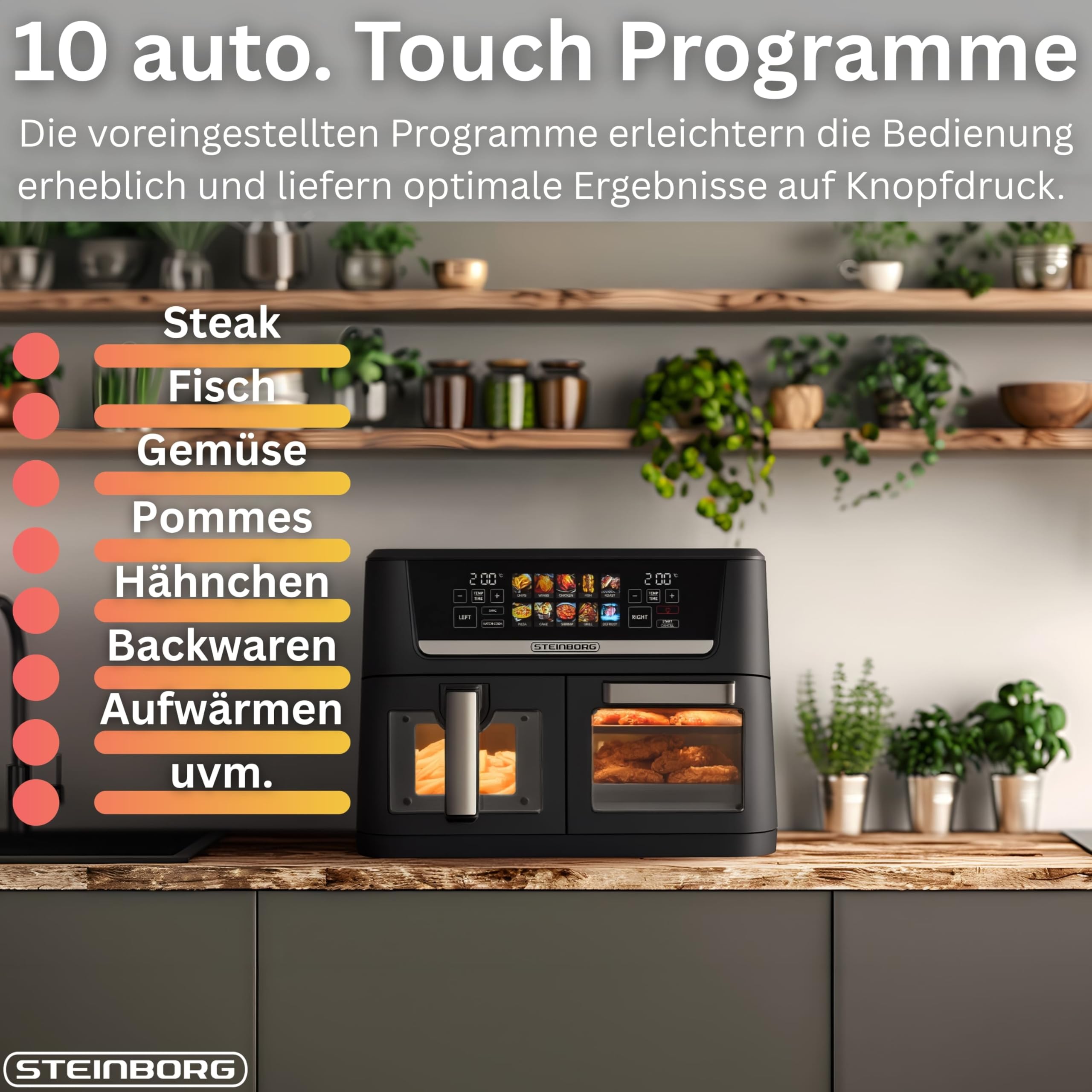Steinborg® XXL Dual Zone frytkownica na gorące powietrze, 14 litrów (8 l + 6 l), 1700 W, z 2 komorami i 2 niezależnymi strefami gotowania, cyfrowy wyświetlacz, 10 programów w temperaturze 60–200°C