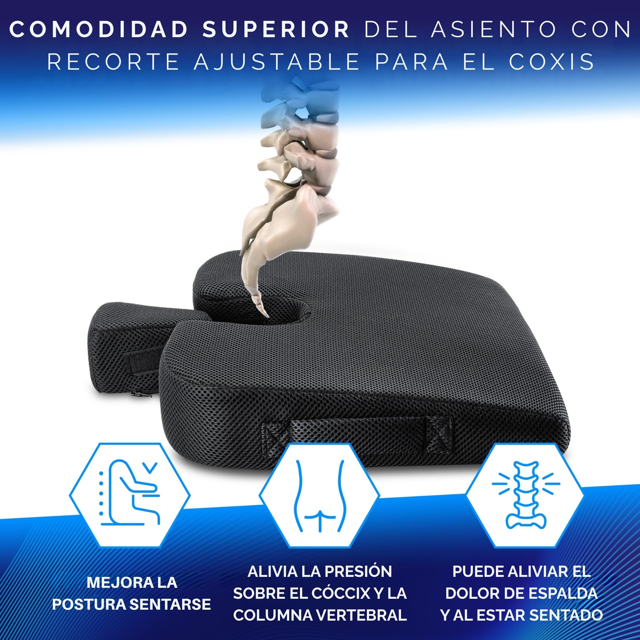 Healthfix Cojín de asiento de cuña – Silla ortopédica de espuma viscoelástica y cojín de coche | Cuña ergonómica para asiento de oficina, conducción y hogar | Mejora la postura y alivia el dolor de