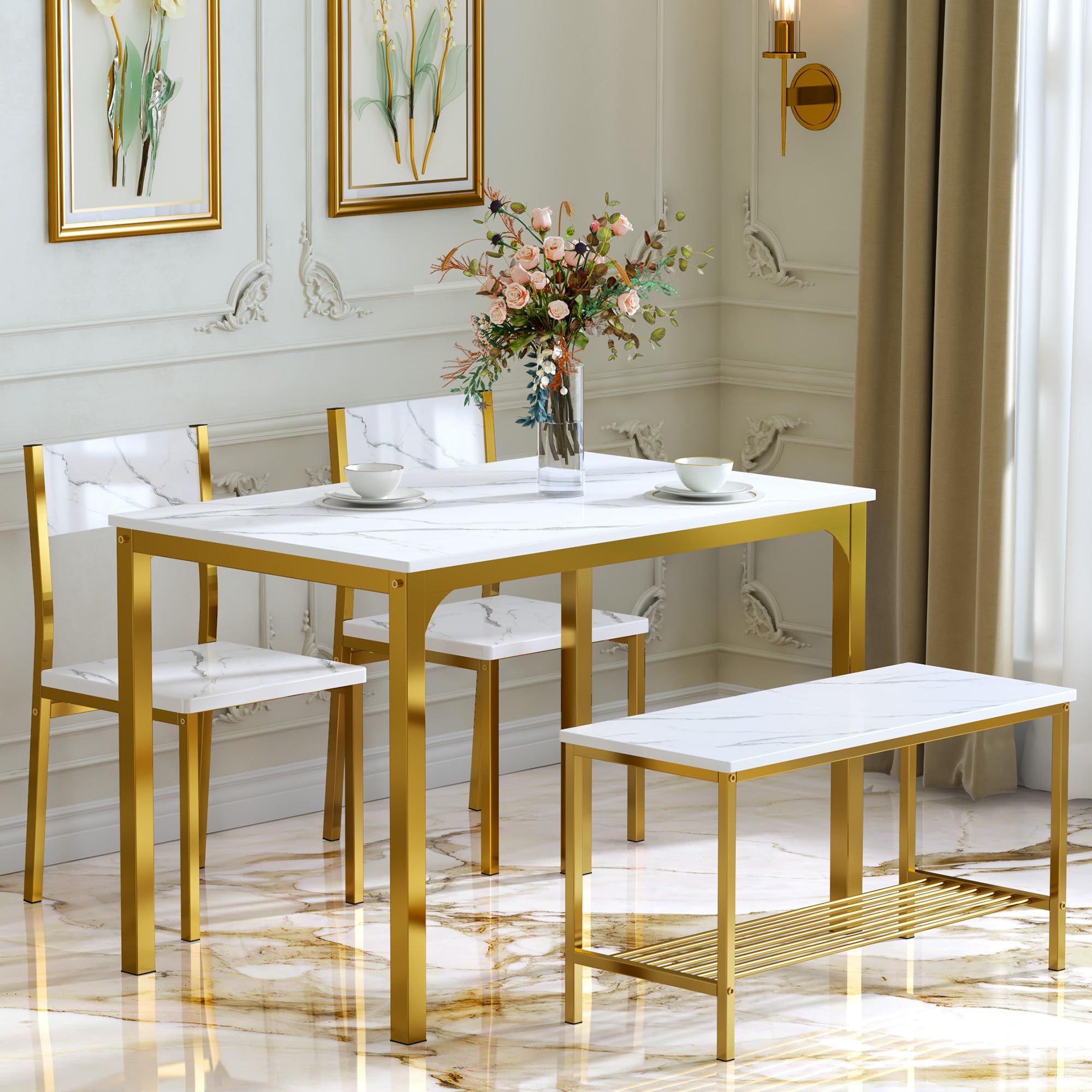 sogesfurniture Modern 4-Piece Kitchen Dining Table Set with 1 Bench and 2 Chairs, Kitchen Bench Table Set for 4, Wooden Kitchen Table and Chairs for