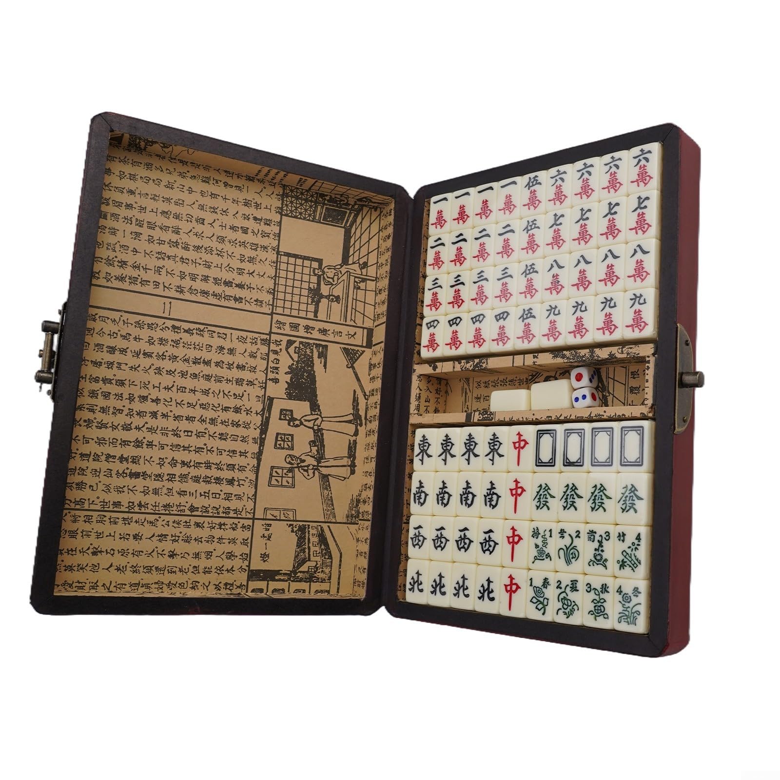 Ensemble de mahjong compact dans un bel étui en bois avec 2 dés, parfait pour les joueurs en voyage (sans poignée)